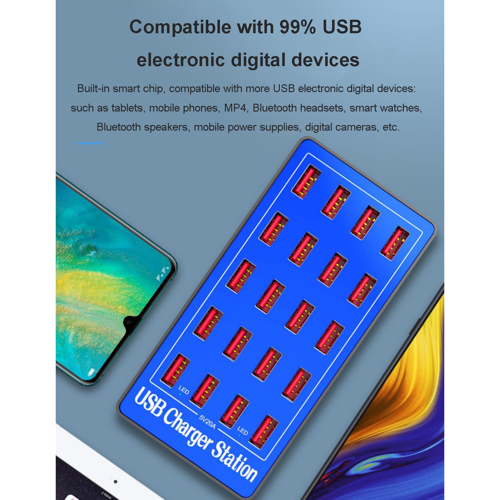 Stazione di Ricarica USB, Stazione di Ricarica USB da Tavolo a 20 Porte da 100 W, Caricabatterie Intelligente USB Multifunzione per Smartphone, Tablet, ventole USB, Mouse e tastier