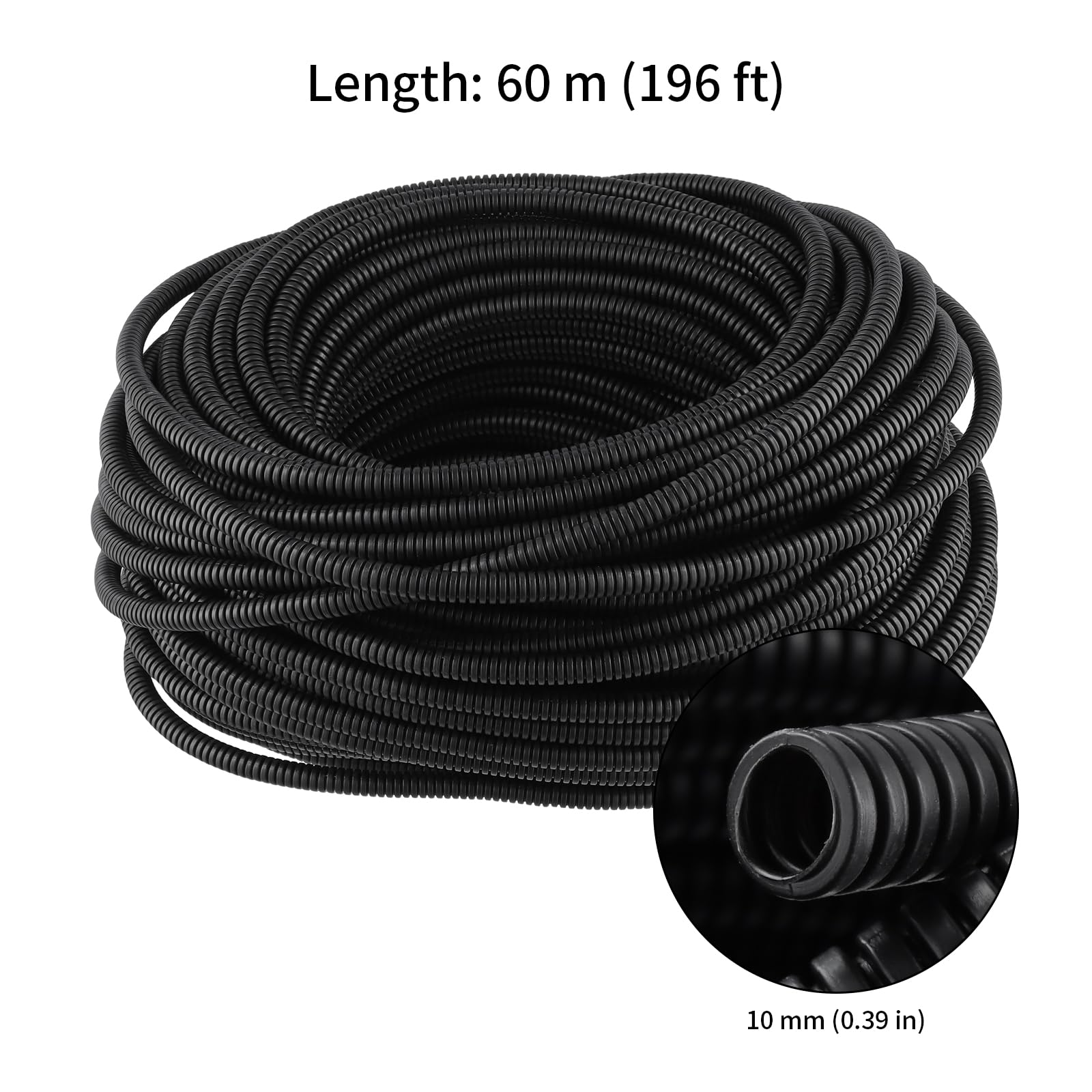 Tubo Corrugato Flessibile 10 mm x 60 m, Matassa in Polipropilene Nero, Guaina Protettiva per Cavi Elettrici e di Terra