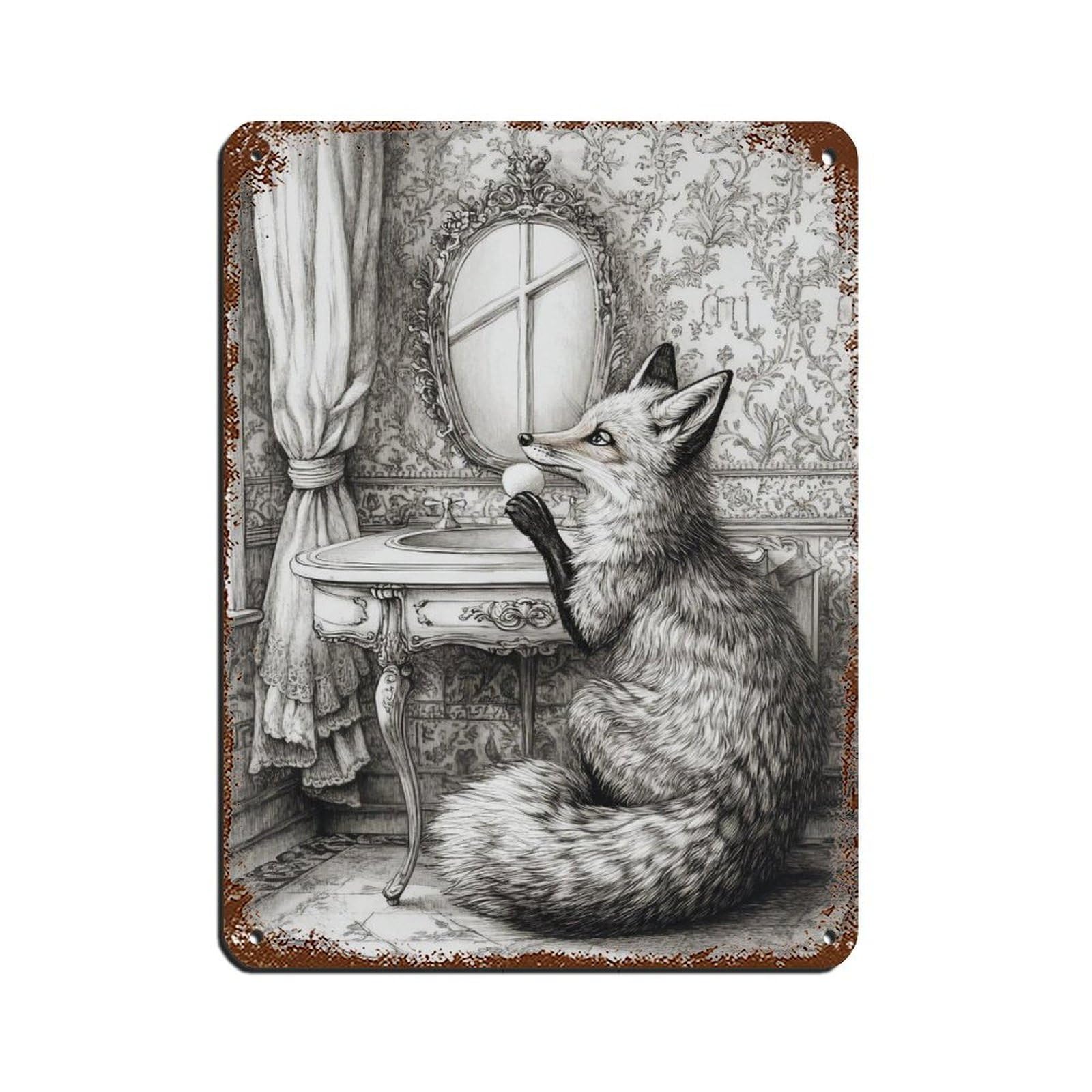 Vintage Fox in Victorian Room Tin Sign Vintage Metal Pub Club Cafe Bar Home Wall Art Decoration Poster Retro 12x16inch(30x40cm)
