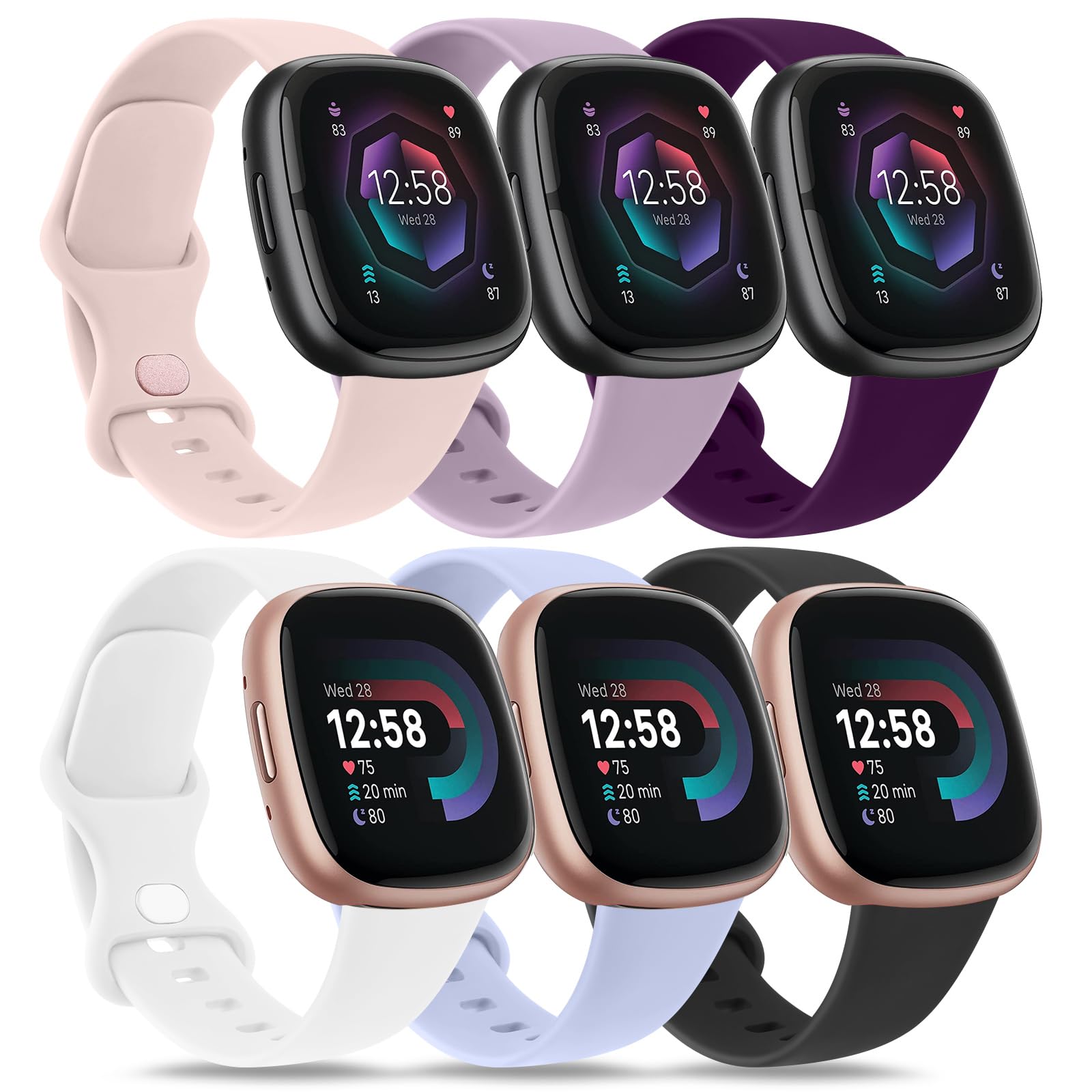 Mugust Pack 6 Straps Compatible with Fitbit Versa 3/ Versa 4 Straps/Fitbit Sense/Sense 2 Strap, Soft Sport Watch Strap Replacement Wristbands for Women Men (Pack E, Small)
