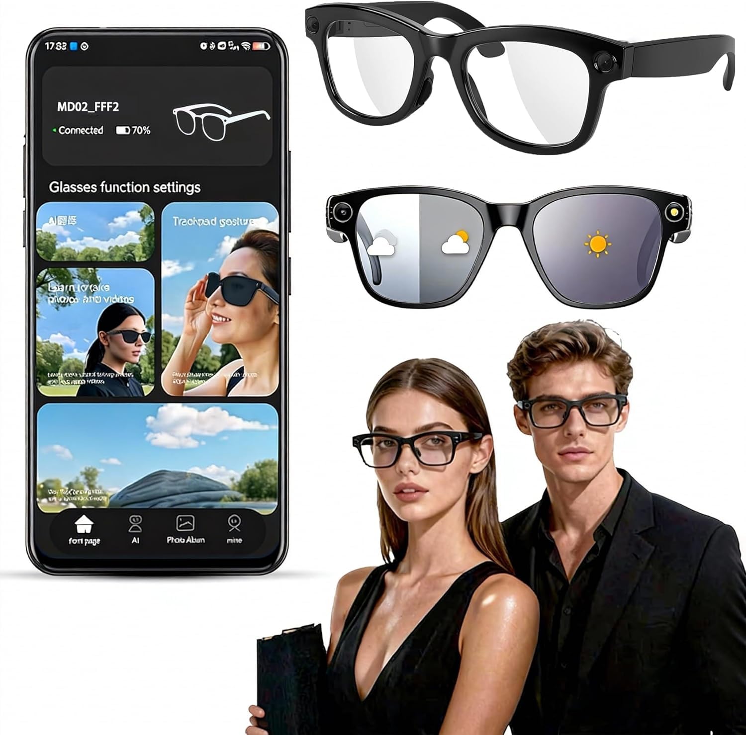 Smart Glasses 1080P Camera Real-Time Translation 8MP HD Camera Photochromic Lenses Blue Light Blocking Anti-Shake Photography Voice Wake-up