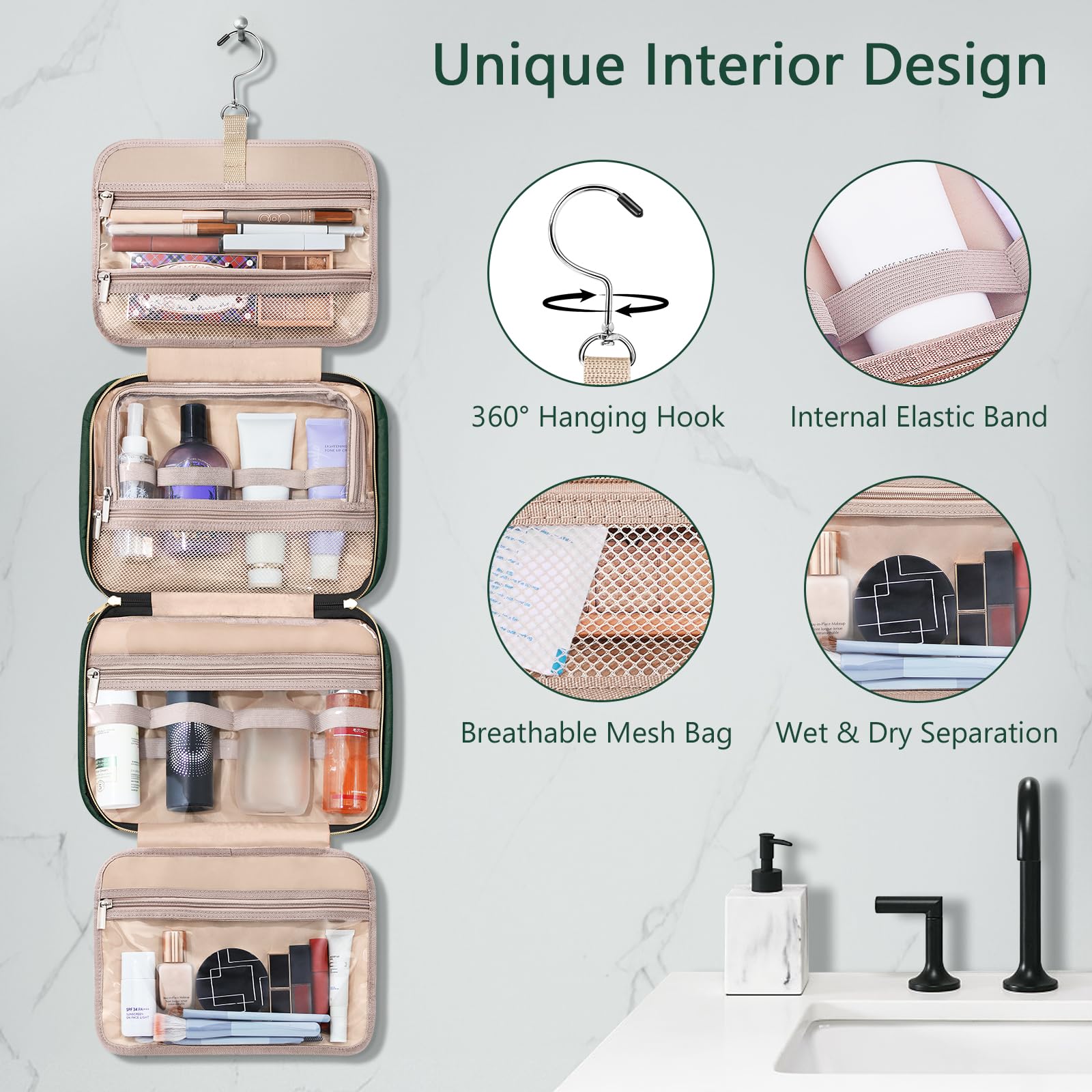 Wedama Borsa da toilette da donna, borsa da viaggio da appendere con scomparto organizer per gioielli, borsa per il trucco, in PVC, impermeabile, borsa da viaggio per viaggi, campeggio, bagno, Verde