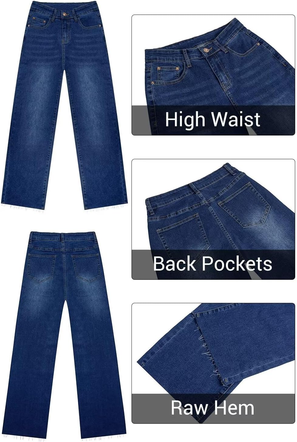 KDF Straight Leg Jeans for Women High Waisted Jeans Frayed Baggy Pants Raw Hem Loose Stretchy Cropped Wide Leg Jeans - Image 5