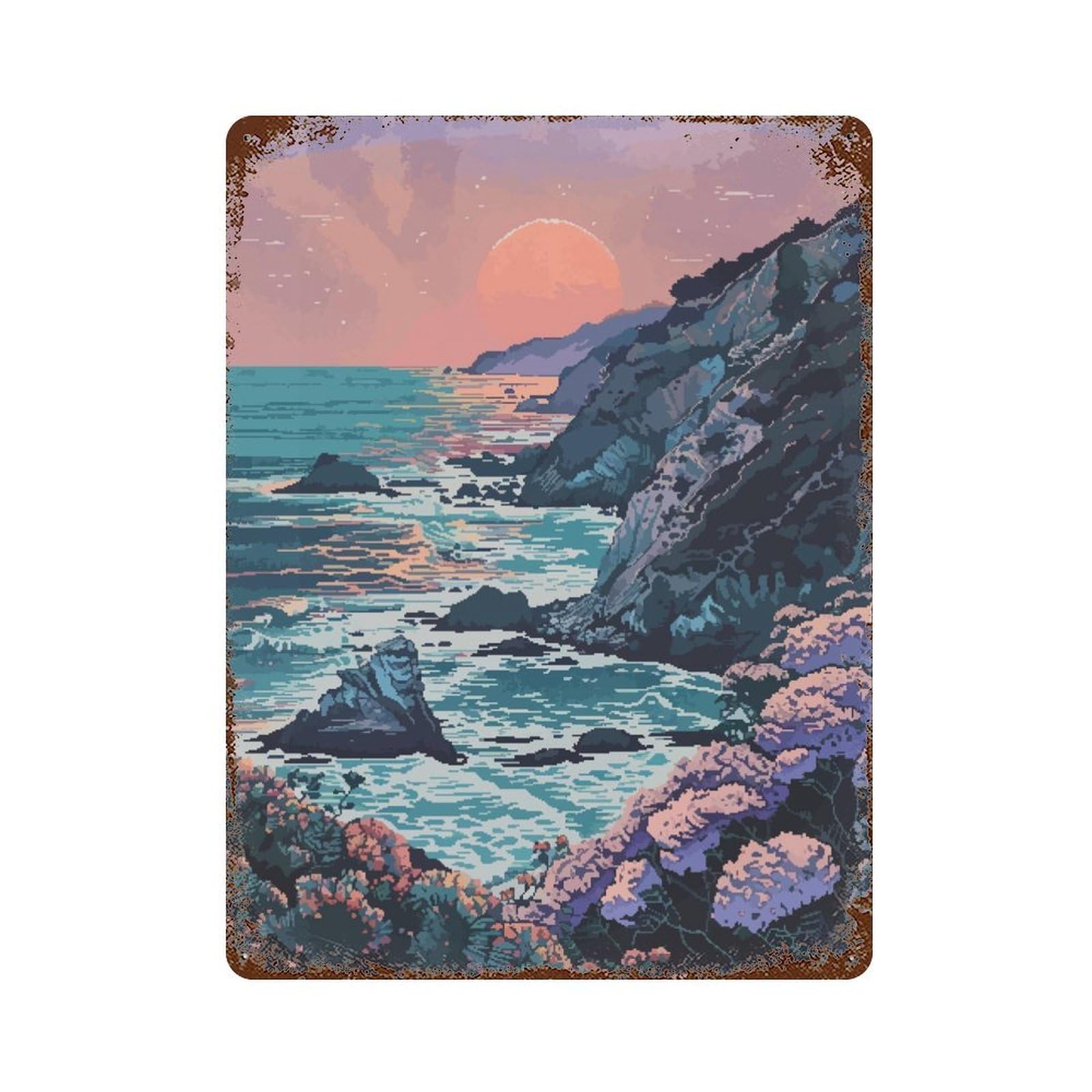 Rust Effect Big Sur California Pixel Distressed Metal Wall Sign 15.7"x11.8", Decorative Metal Wall Art for Living Room, Hallway And Home Decor