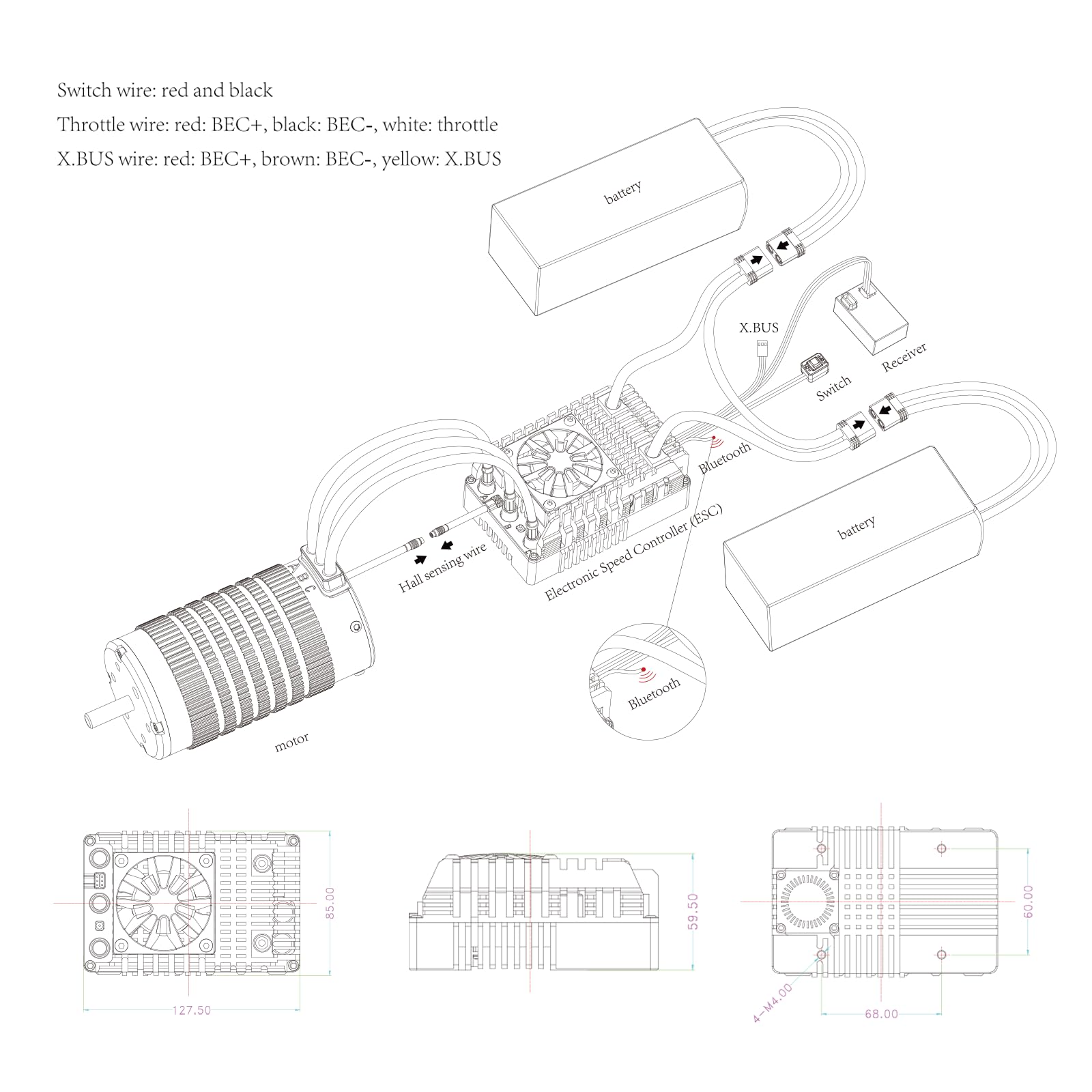 XC Controlador de motor eléctrico sin escobillas con sensor E3H para coche RC, 6-16S Lipo, corriente continua de 300 A, 10-25 A, 6.0/7.4/8.4 V BEC, aplicable a 1/5, 1/7, 1/8, 1/10, compatible con
