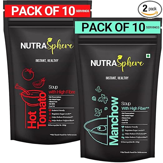 Tomato, Manchow Fibre Soup Packets Combo. Diabetic Friendly For Healthy Heart (Instant, Preservative Free, Sugarfree, Gluten Free, No MSG)- 10 Sachet Each