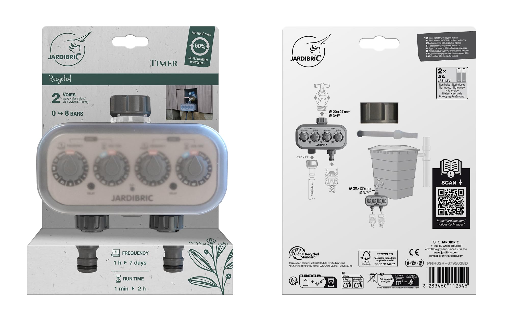 Jardibric - Programmateur d'Arrosage Sans Pression 2 Voies - Plastique Recyclé (29%) - Durée Réglable de 1 Min à 1 H, Intervalle Programmable de 1 à 7 Jours