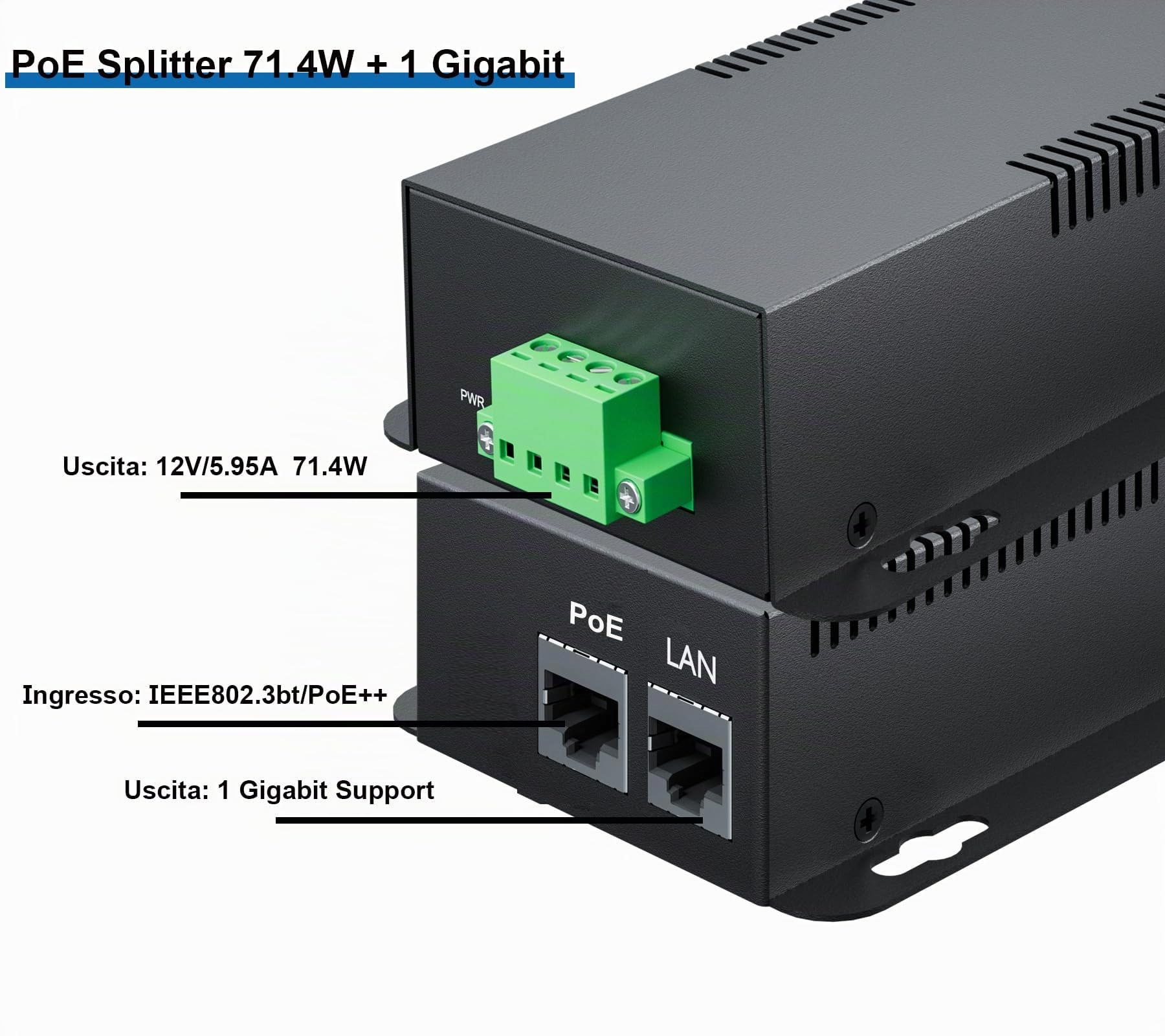 PROCET Gigabit PoE Splitter Adattatore 12V/5.95A 71.4W 802.3BT PoE Network e elettrica Ethernet splitter per non-PoE alta potenza stazioni base, ADSL Modem, telecamere di rete, PT-PD208GBH-12