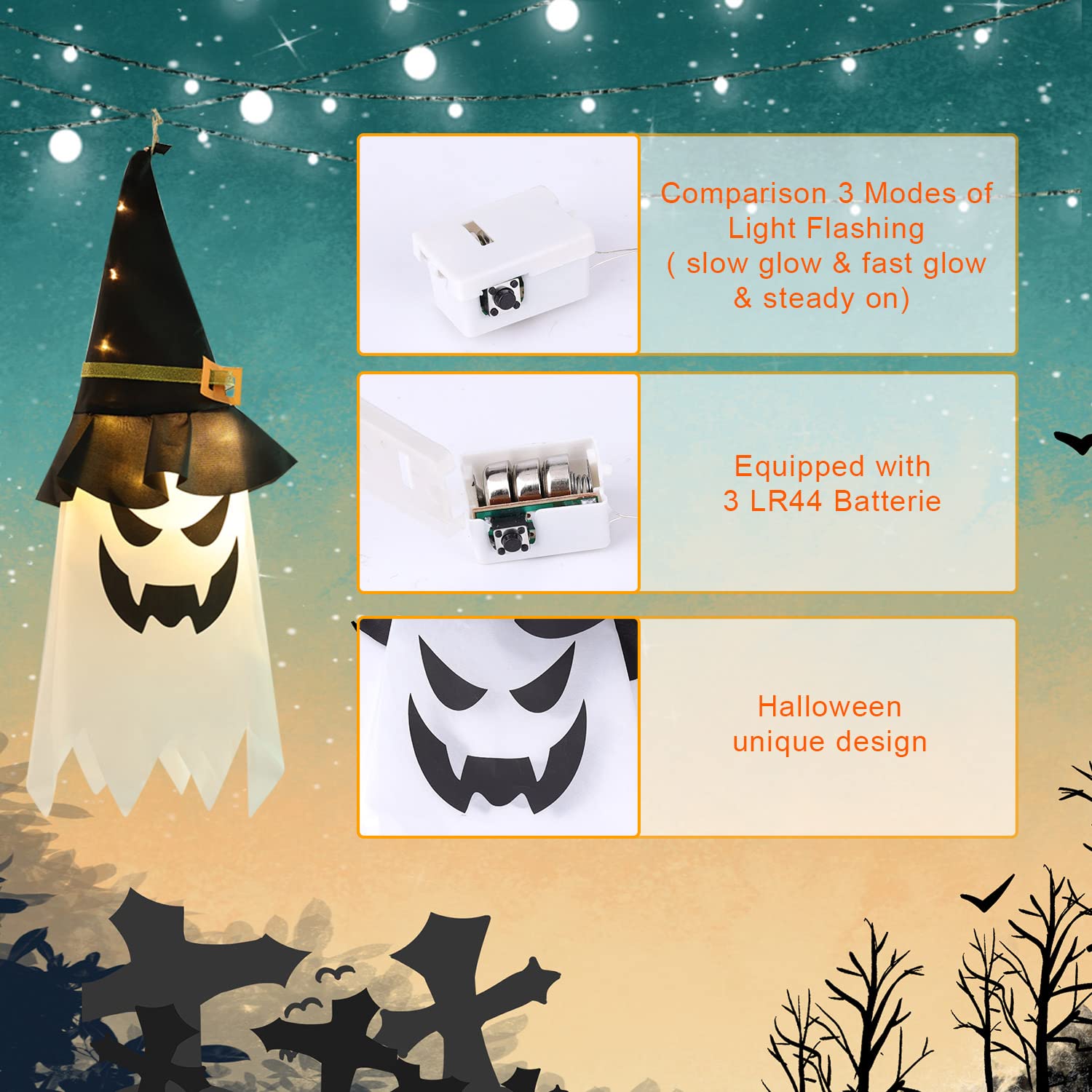 Sombrero De Bruja Brillante Con Cara Fantasma | Decoración De Halloween Con Luces LED Y 3 Modos | Kit De 2 Unidades Para Exteriores