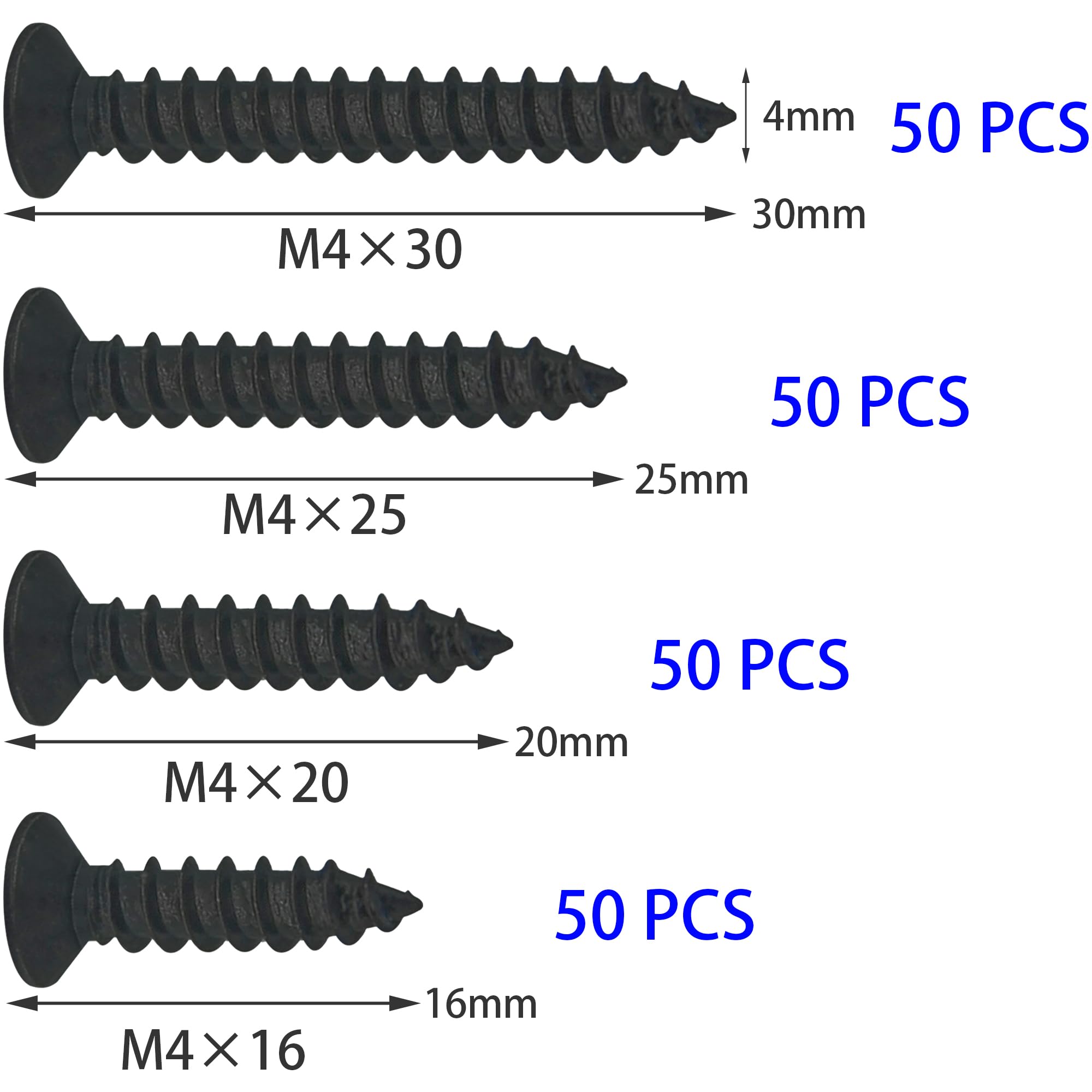 200 PCS Black Flat Head Self Tapping Screws (M4) - Image 2