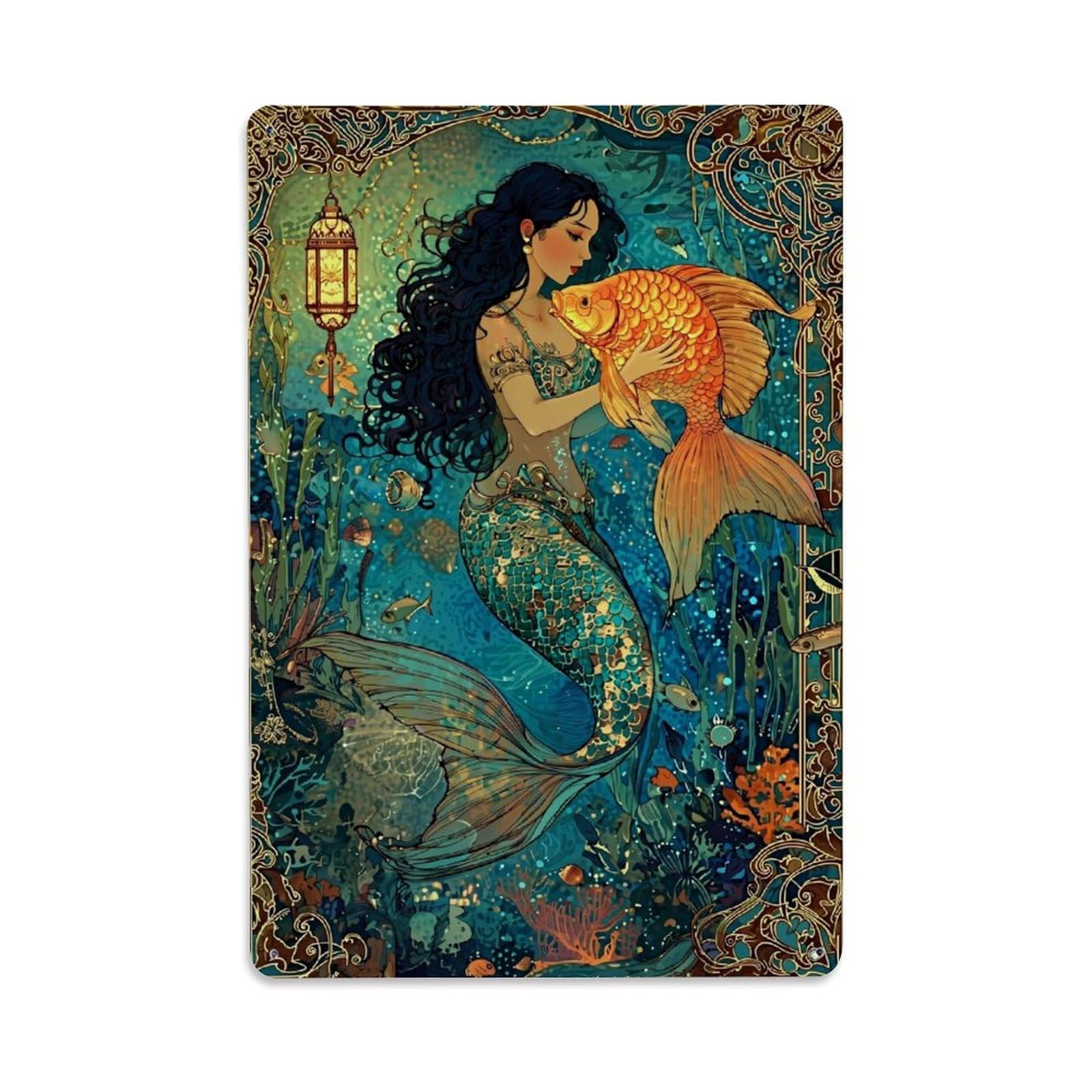 Jdyaojiesheng Vintage Mermaid Holding Golden Fish Underwater Scene Tin Sign Retro Metal Wall Decor Metal Poster, Home Bar Garage Farmhouse Cafe Wall Art Decoration 8X12inches