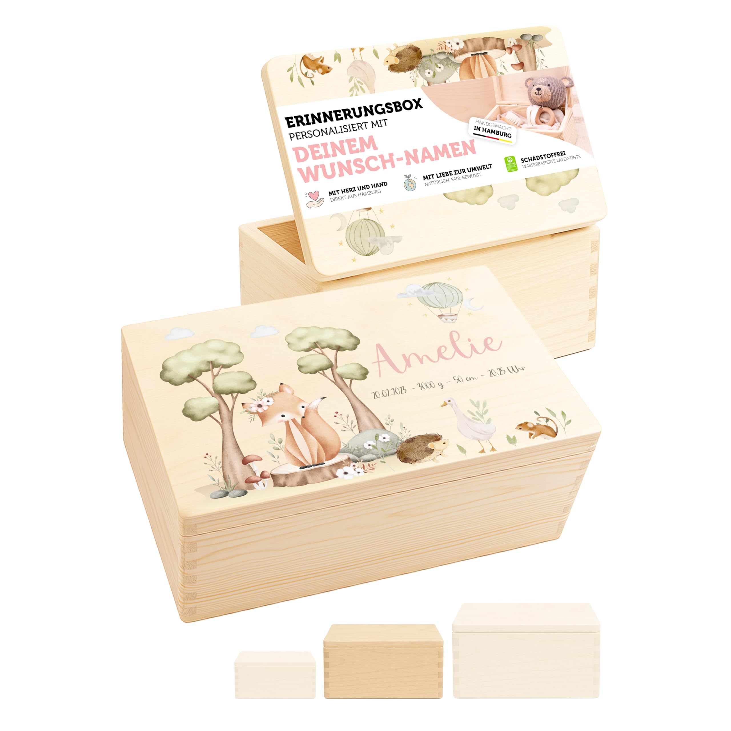 Erinnerungsbox Baby - Personalisierte Geschenke mit Namen | Holzkiste mit Deckel bedruckt mit Schadstofffreie Latextinte - Geschenke zur Geburt & Taufgeschenke für Mädchen & Jungen