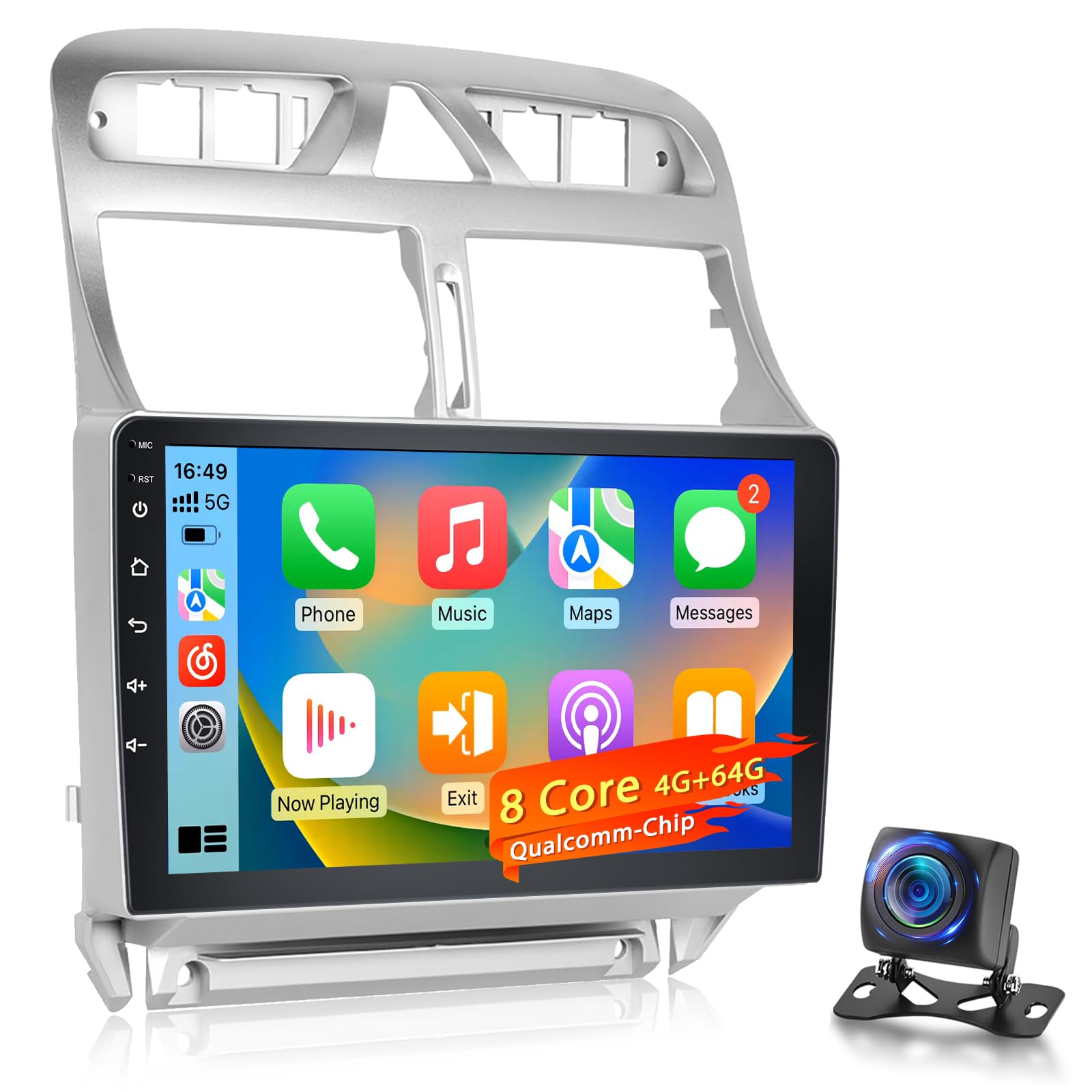 8 Núcleos 4+64 GB Radio Android para Peugeot 307 2002–2013, Pantalla táctil 9″ 1280×720 IPS con CarPlay & Android Auto inalámbrico, GPS WiFi DSP 32EQ + cámara AHD y micrófono Externo