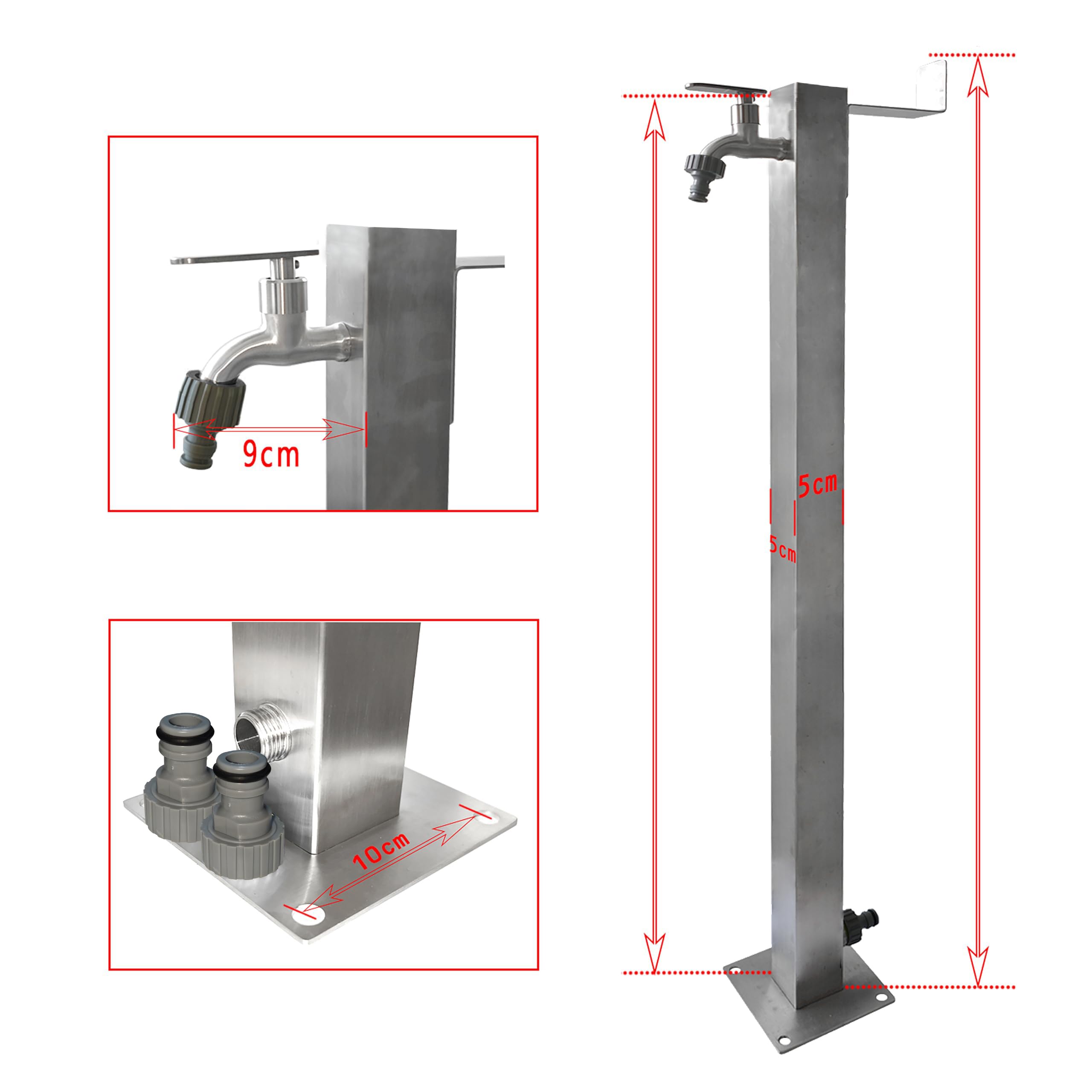 Elbe Columna de agua de jardín cuadrada de acero inoxidable 87 cm - Resistente a las heladas - Con soporte para manguera, rosca exterior G1/2, con dos adaptadores de manguera de riego