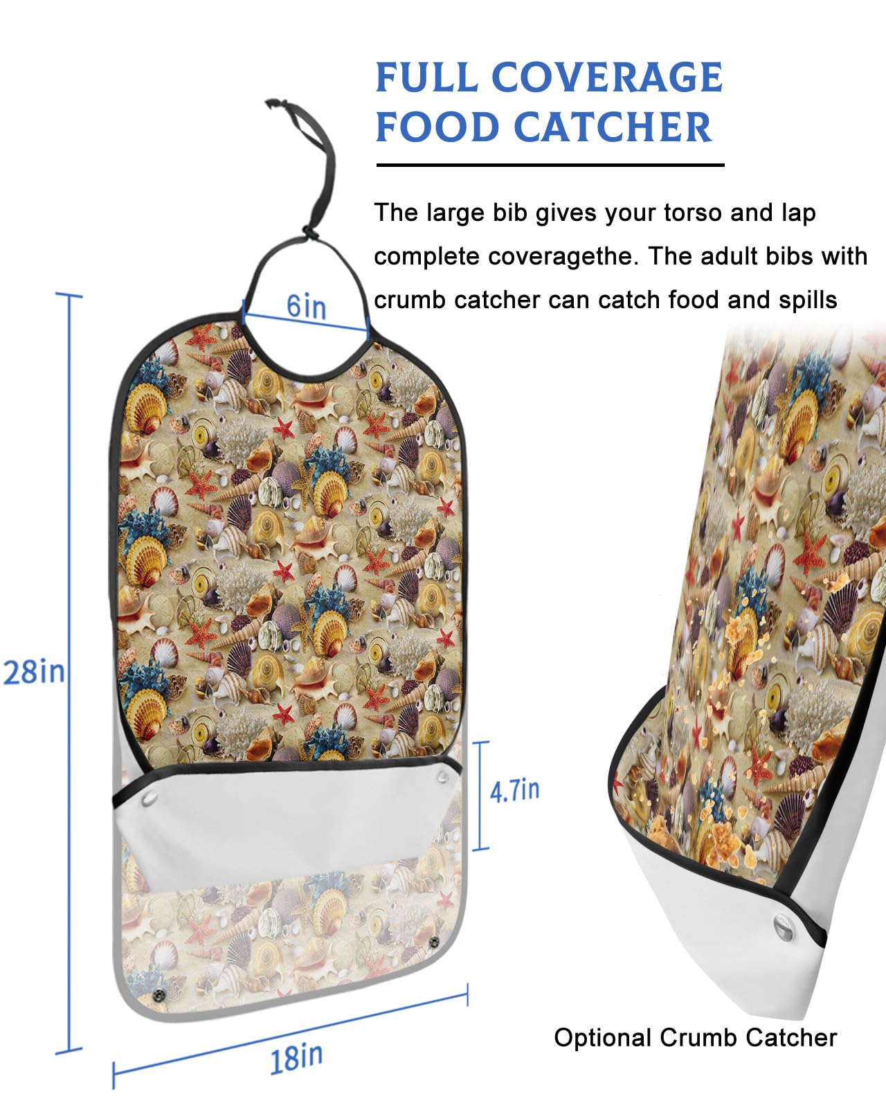 Kewadony Adult Bibs for Elderly Women - Beach Seashell Starfish Waterproof Dining Clothing Protectors with Crumb Catcher for Eating/Feeding, Summer Ocean Marine Life Terry Cloth Bib Machine Washable