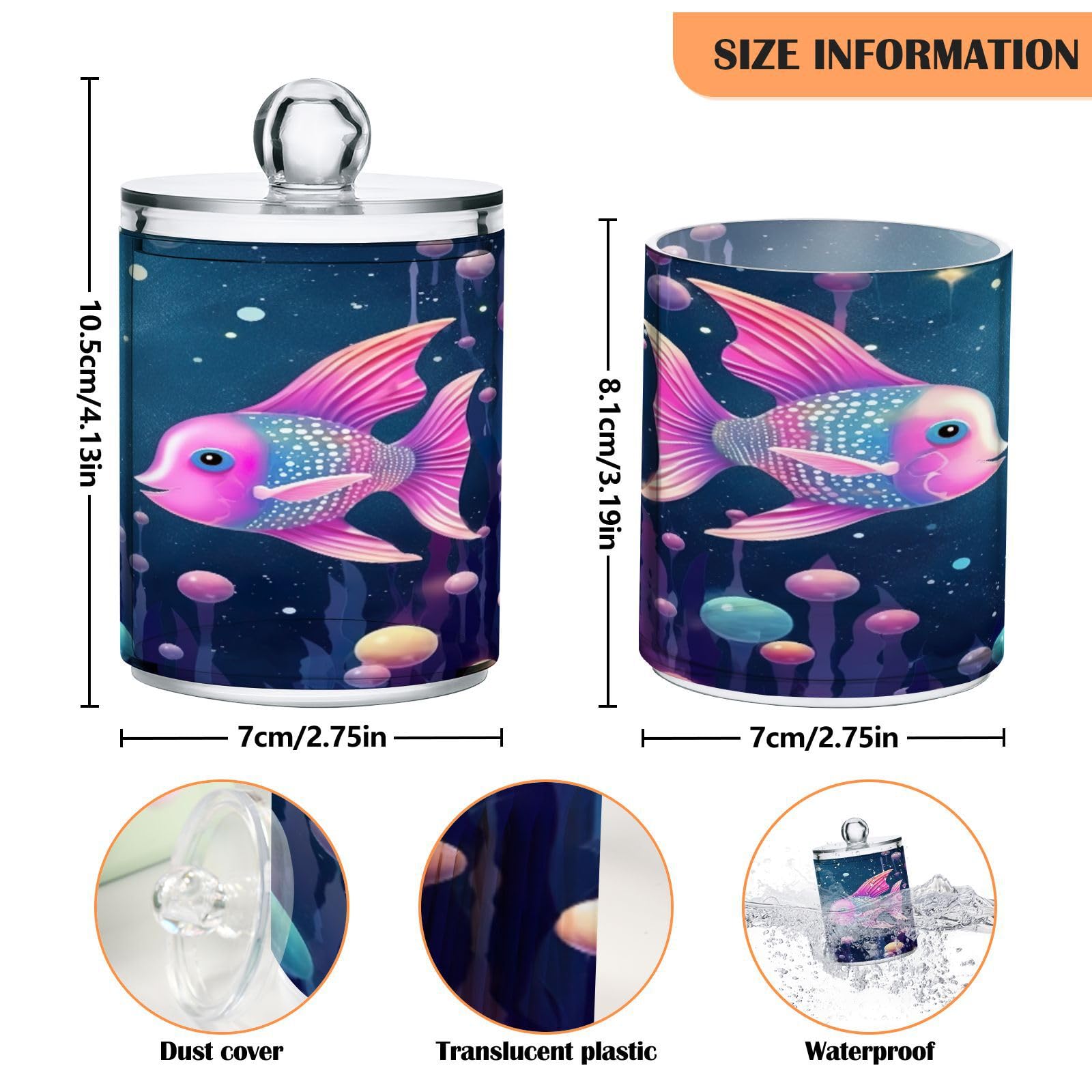 Coikll Colorful Fish Qtip Holder with Lid 2PCS Apothecary Jars Storage Containers, Clear Plastic Canister for Cotton Swab,Floss Picks, Cosmetics