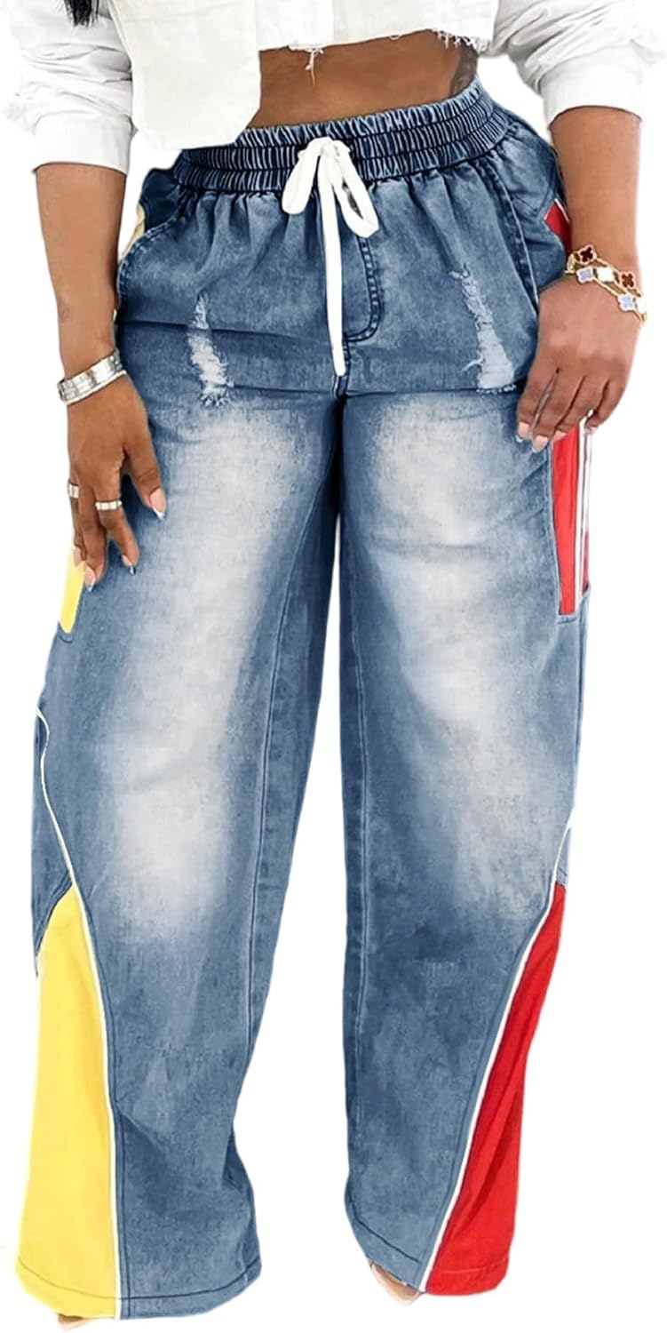 YOOTIKO Women Striped Drawstring Jeans Elastic High Waisted Straight Wide Leg Baggy Sweatpants Jeans
