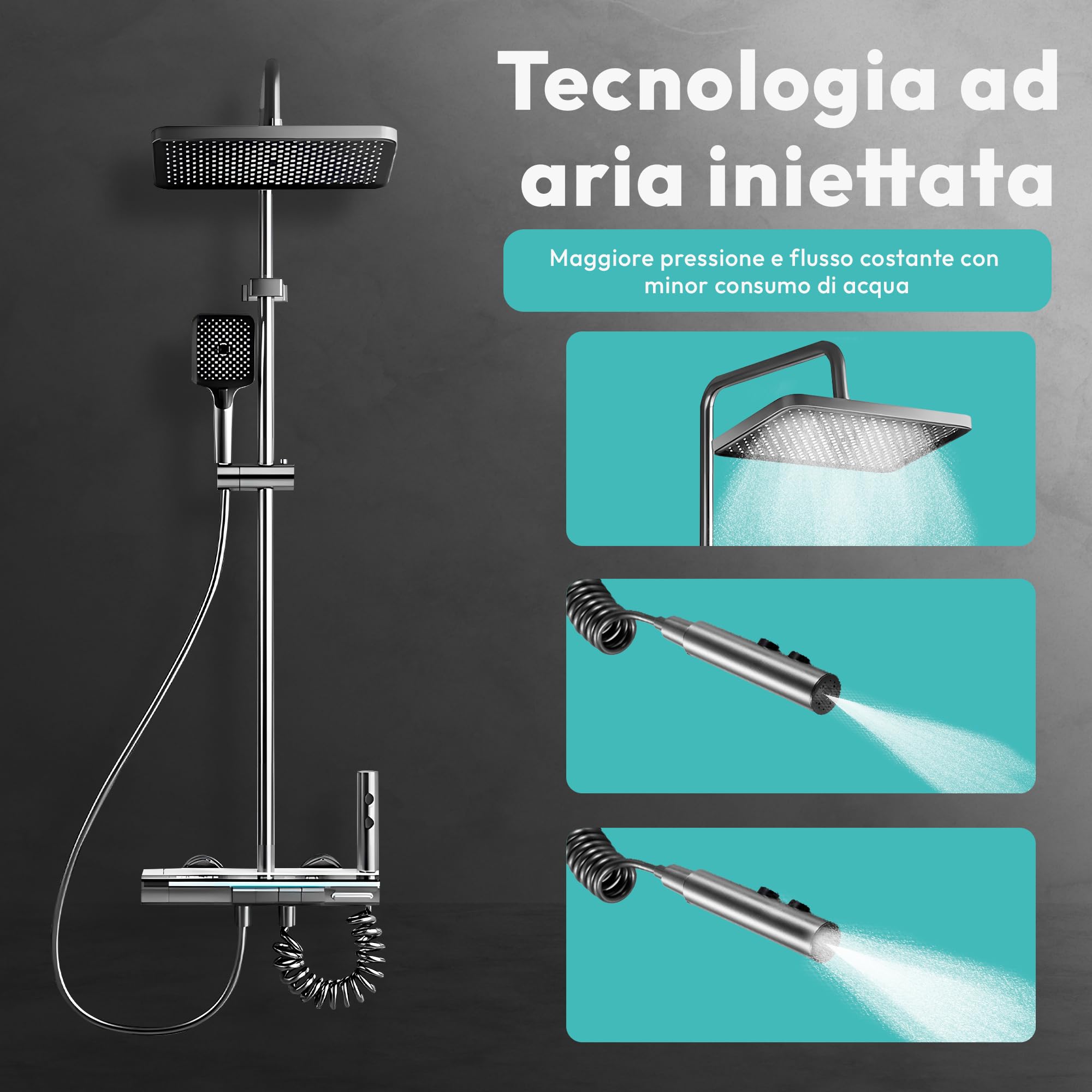 JUPPLIES Colonna Doccia Termostatica Nero Titanio 4 in 1 – Soffione Pioggia 25cm | Display LED | Miscelatore Ceramica | Doccetta + Cascata Vasca | Kit Doccia Completo Nero Opaco
