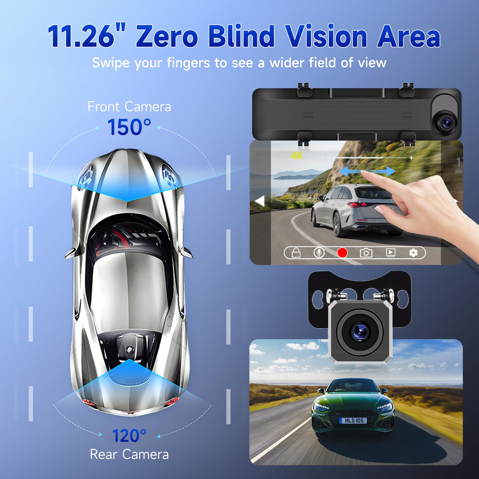 Hodozzy 4K Mirror Dash Cam With 12 Inch Touchscreen, WiFi Rear View