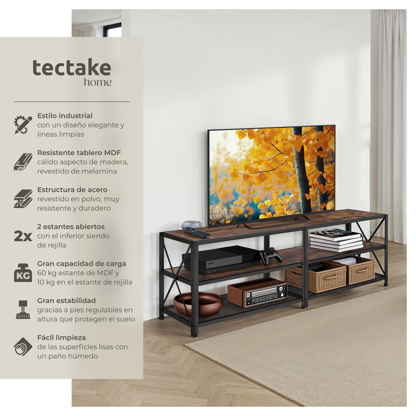 tectake® Mueble TV de Estilo Industrial, Aparador Salon para Televisor con 3 Alturas, Aparadores para Salon y Dormitorio - 161 x 41,5 x 50,5 cm Madera Industrial Oscura, Rústica