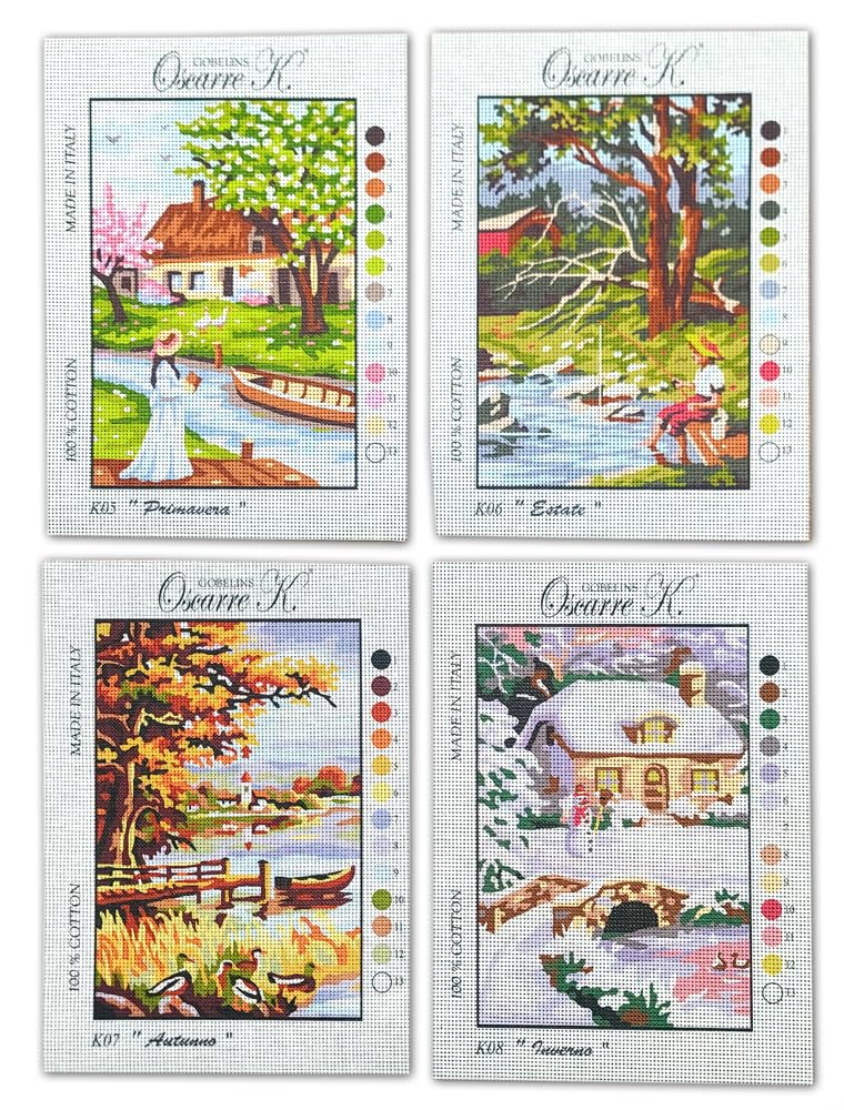 Oscarre K. gobelins - Set 4 Kit Ricamo Mezzo Punto Croce Completi - Canovaccio Stampato 30 x 22 cm (Ricamo Finito 23 x 16 cm) 4 Stagioni ver.1