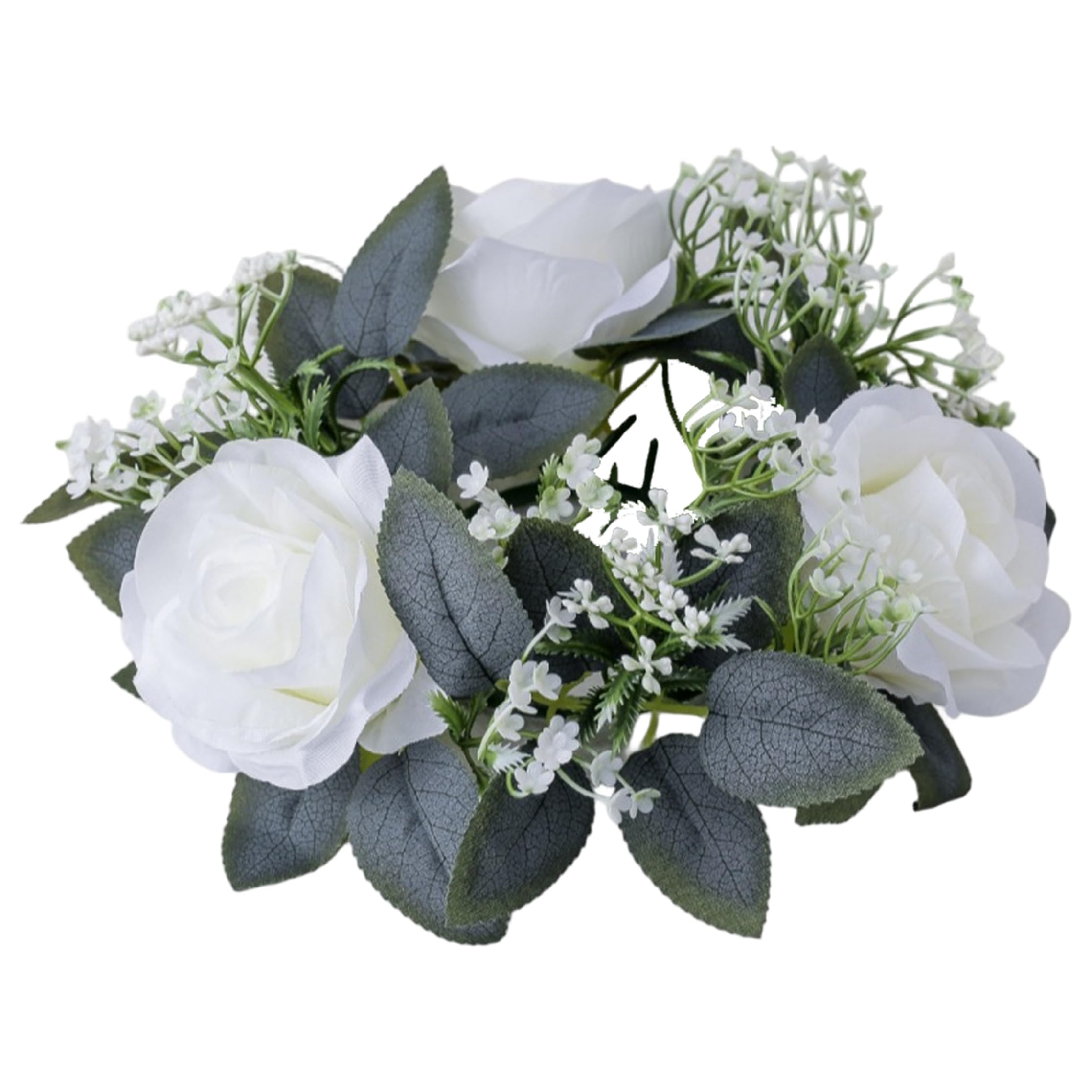 BeVistoso Candle Rings, Exquisite Candle Rings Wreaths with Artificial Roses & Greenery, White Centerpieces for Tables for Wedding Home Decor (White), Garland