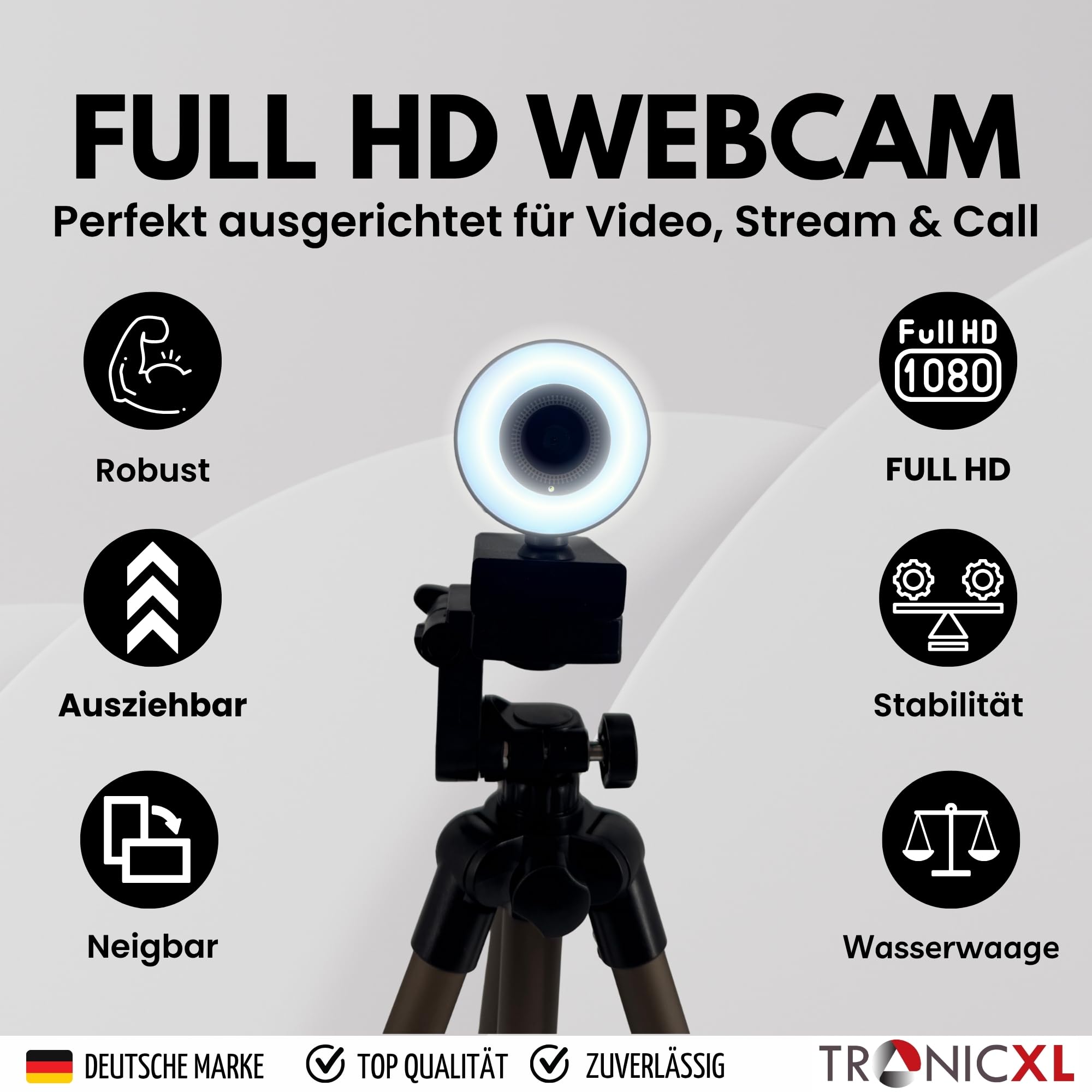 TronicXL Webcam con enfoque automático con lámpara de anillo + trípode de 113 cm Full HD 1920 x 1080p I 2 micrófonos estéreo cancelación de ruido fondo I para ordenador PC portátil para Xbox