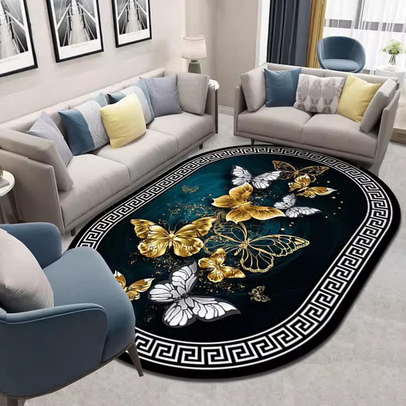 Tapis antidérapant lavable grand format ovale à poils courts pour décoration de sol élégante