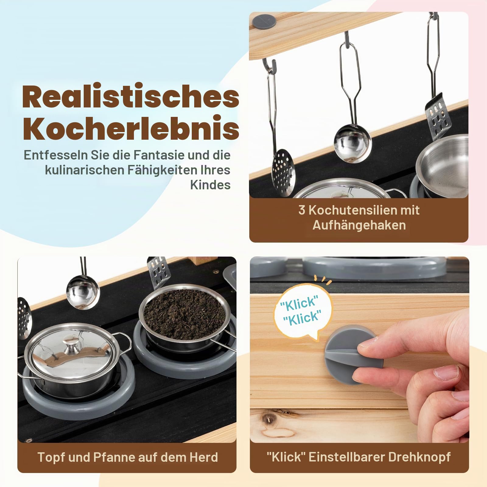 HOMASIS Matschküche Kinder Outdoor, Kinderküche mit 2 Spülen, Herd & Kreidertafel, Spielküche Holz mit Zubehör, Spielzeugküche mit 3 Haken & Regalen, für Kinder ab 3 Jahren