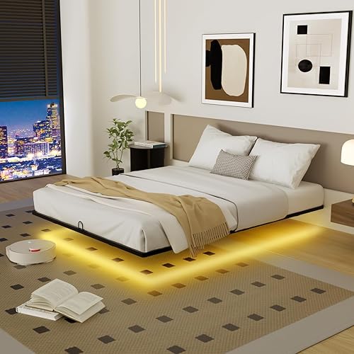 Base de cama flotante tamaño Queen con luces LED inteligentes, plataforma de metal moderna, marco de cama flotante Queen – Resistente y fácil