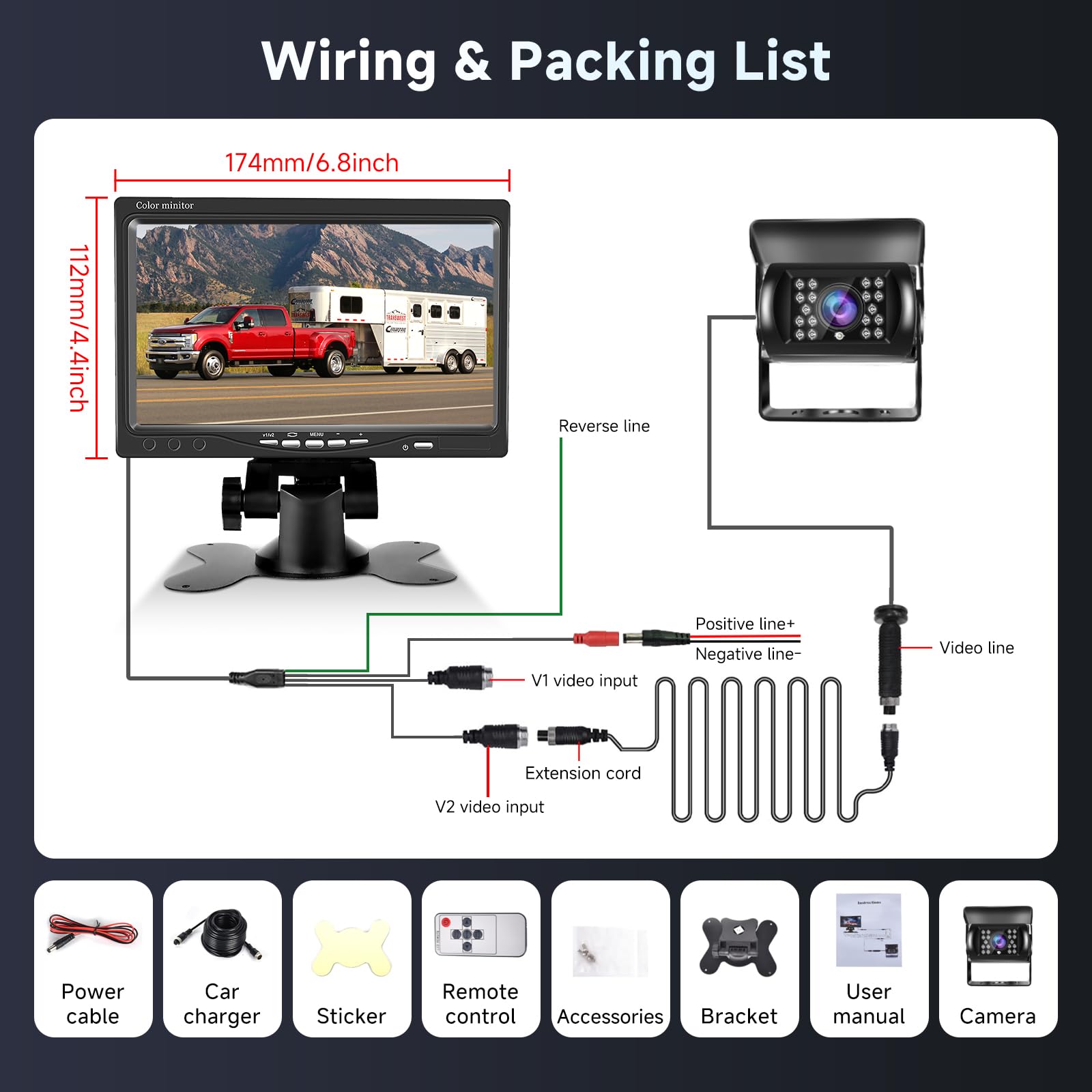 Kit telecamera posteriore senza fili con monitor LCD da 7 pollici, telecamera di backup impermeabile IP68 per auto camper roulotte SUV, telecamera posteriore a LED con visione notturna HD, 12V-24V