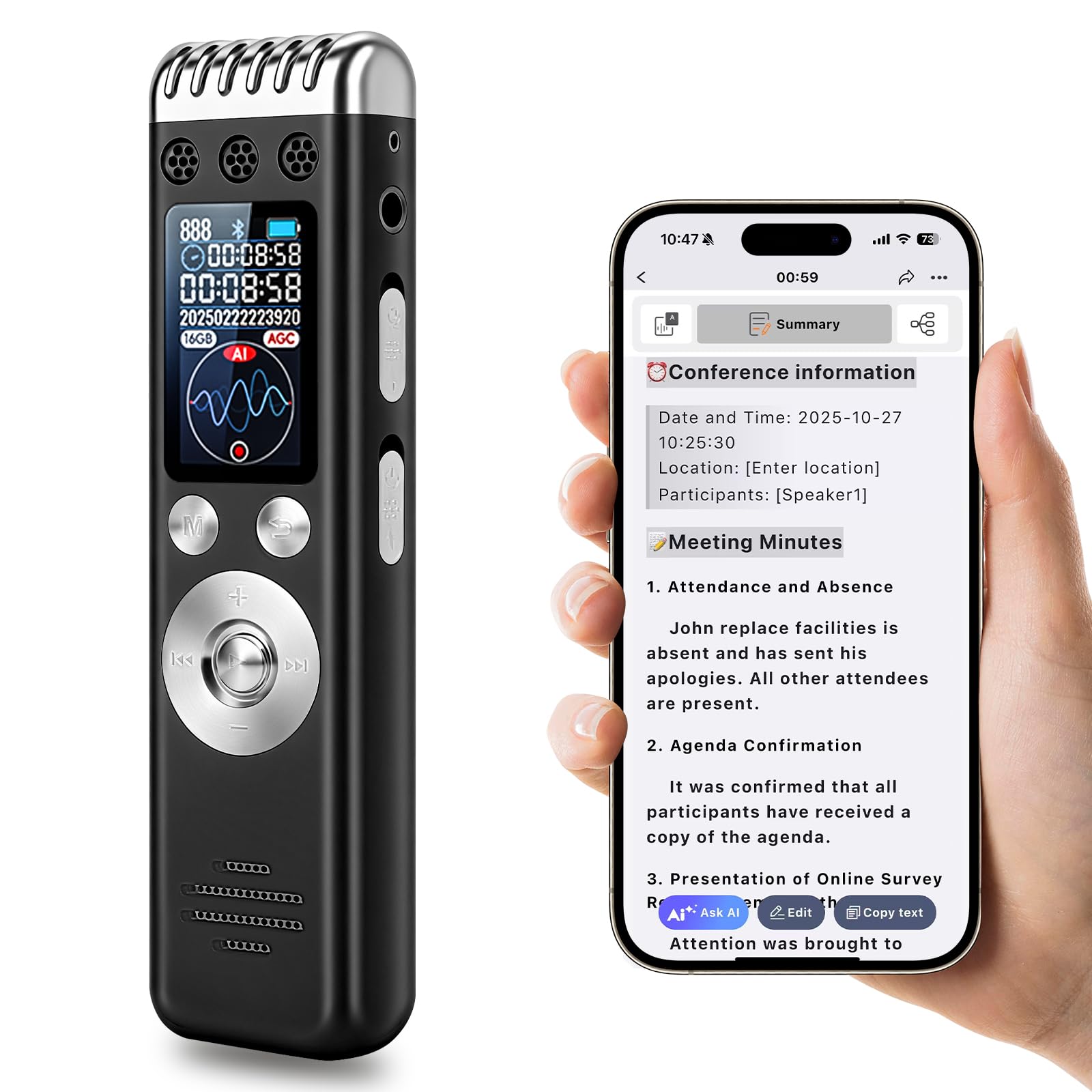 Enregistreur Vocal AI 64GB Professionnel Portable avec Transcription et Résumé, 256 Langues, Contrôle par Application