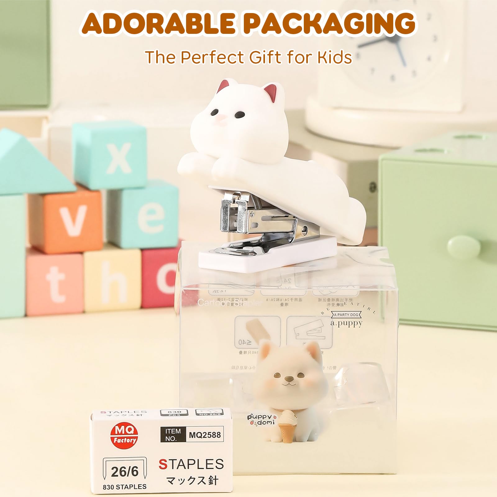 Honagu Mini Cute Animal Stapler with Staples, Cartoon Stereoscopic Silicone (PVC) Stapler, Labor-Saving Office Supplies for Teachers, Students,Girls,Gift Stocking Stuffers for Kids( Puppy): White