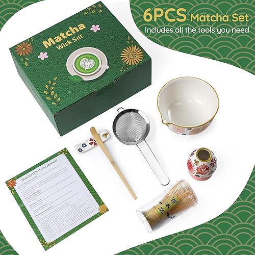 Miniatura 8 de Juego de ceremonia de matcha floral pintado a mano, 6 batidor y tazón de matcha, soporte para batidor de matcha, cuchara y reposo, coladores, kit de