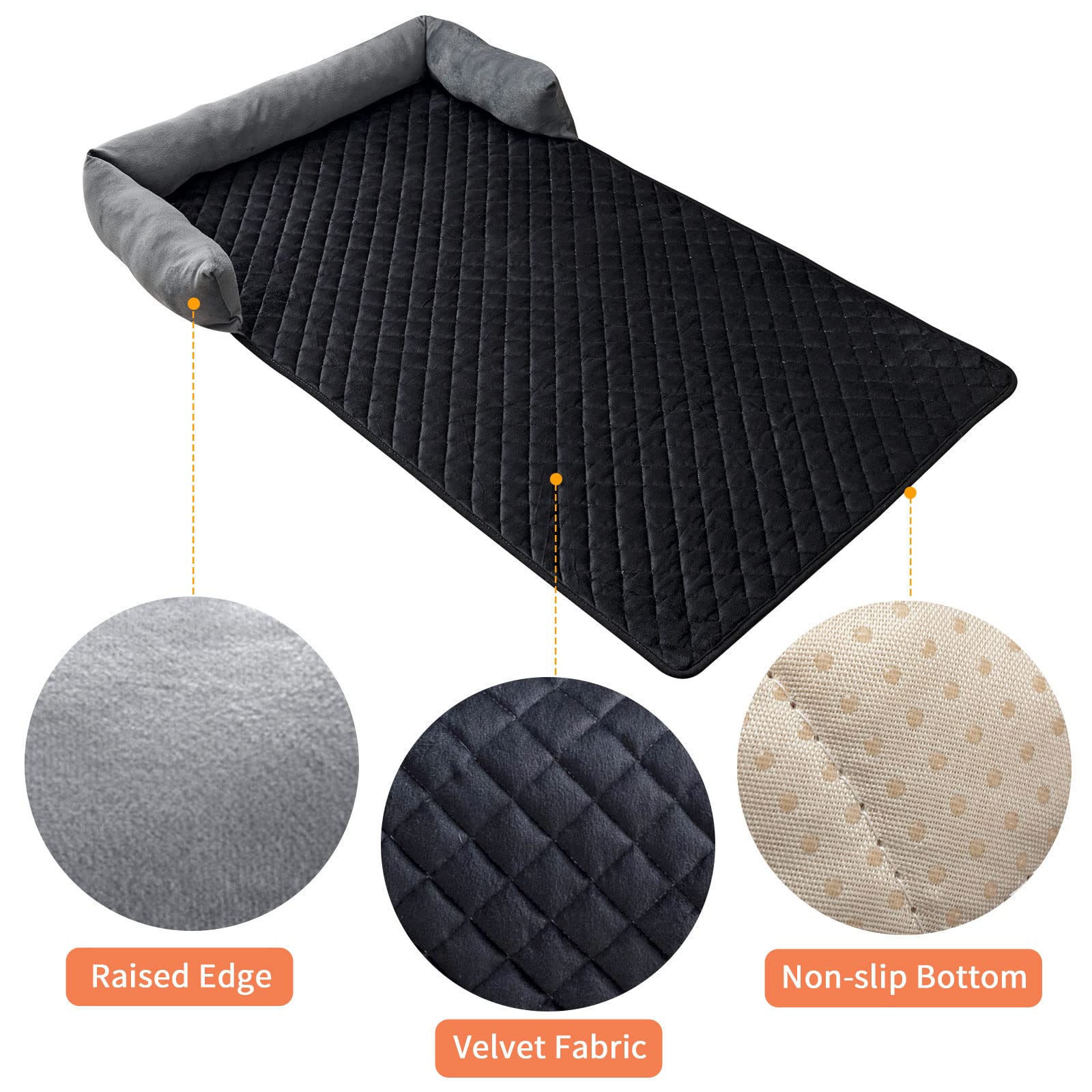 Hundebett Sofa Matte - weicher Samt rutschfest waschbar Haustier Katze Hundebett Sofa-Kissen-Pad mit Kissen für Möbel Protrctor, perfekt für große mittlere kleine Hunde Katzen (90x120cm, Grey Black)