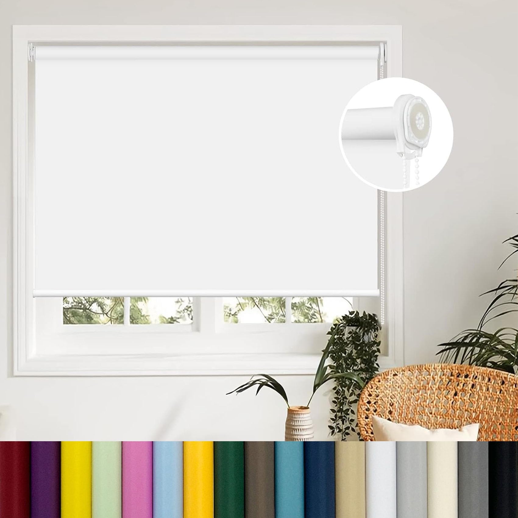 100% Blackout Roller Blind 105 x 50 cm Waterproof Fabric No Drilling Needed Beaded Chain White for Balcony Window Inside and Outside Recess Fitting Sunlight Blocker
