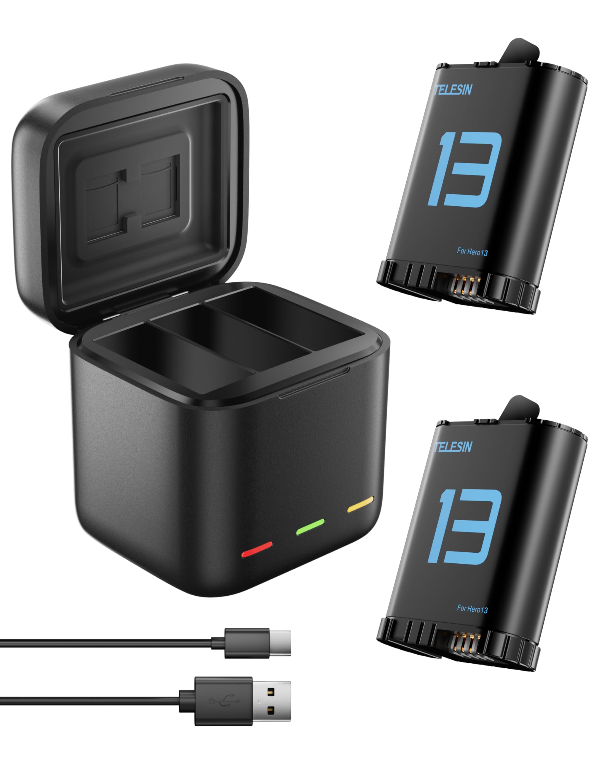 TELESIN Kit de cargador de batería para GoPro Hero 13 Negro - Paquete de 2 baterías y estuche de carga triple con cable tipo C, carga rápida, alta capacidad para Go Pro 13 Black Original Baterías