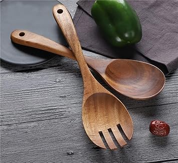 Star Export Designs 10.5-inch Wood Salad Server Acacia Wooden Serving Spoon Fork for Cooking/Sauteing/Stirring/Mixing/Serving Salads, Brown Set of 2