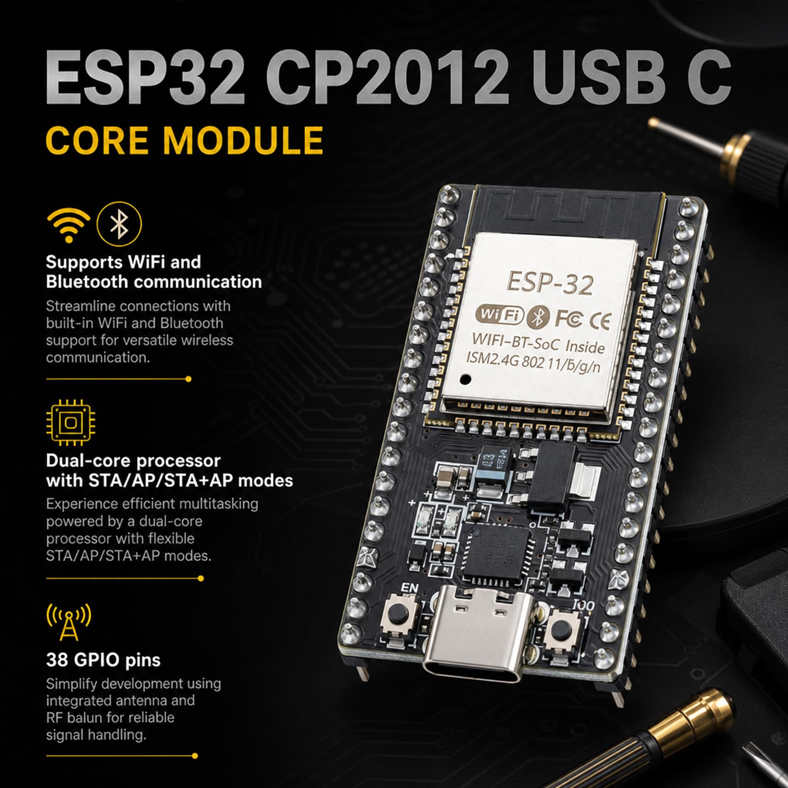 3-pak modułów płytki rozwojowej ESP32-DevKitC-32 (ESP-32D, ESP-32 CP2012 USB C z 38 pinami), obsługujące STA/AP/STA+AP, z dwurdzeniowym Wi-Fi + Bluetooth i interfejsem typu C.