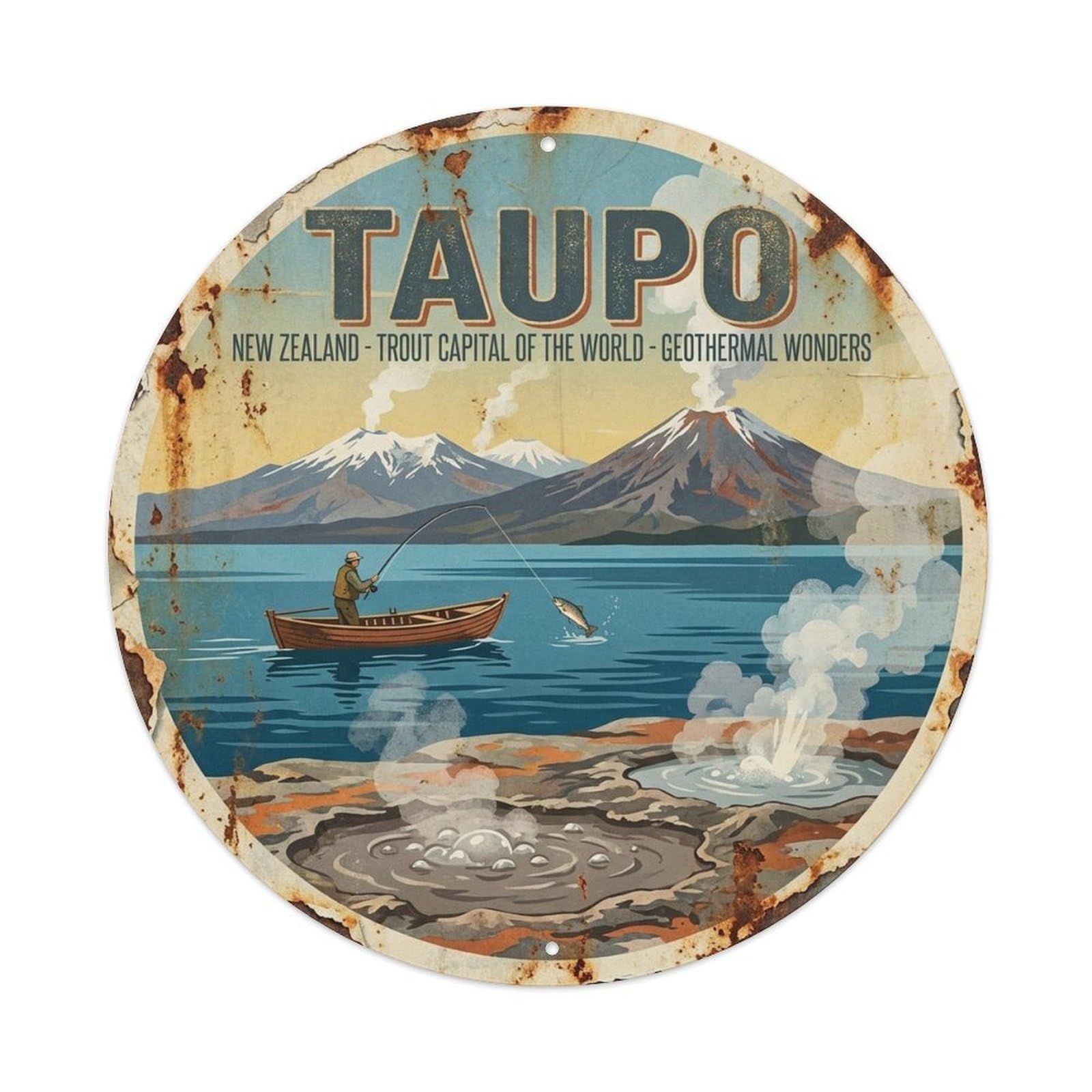 Olyhtr 8X8inch Classic Style Taupo New Zealand Travel Mountain Coast Coastal Metal Tin Sign