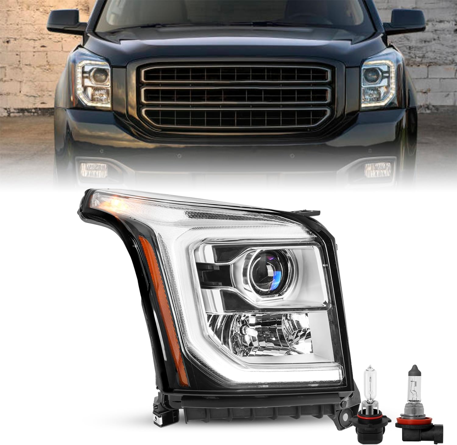 SOCKIR LED DRL Headlight Assembly Fit for 2015-2020 GMC YUKON SLT|SLE/Yukon XL SLT|SLE OE Factory Halogen Headlamp Right Passenger Side w/Bulbs NOT FIT DENALI MODEL