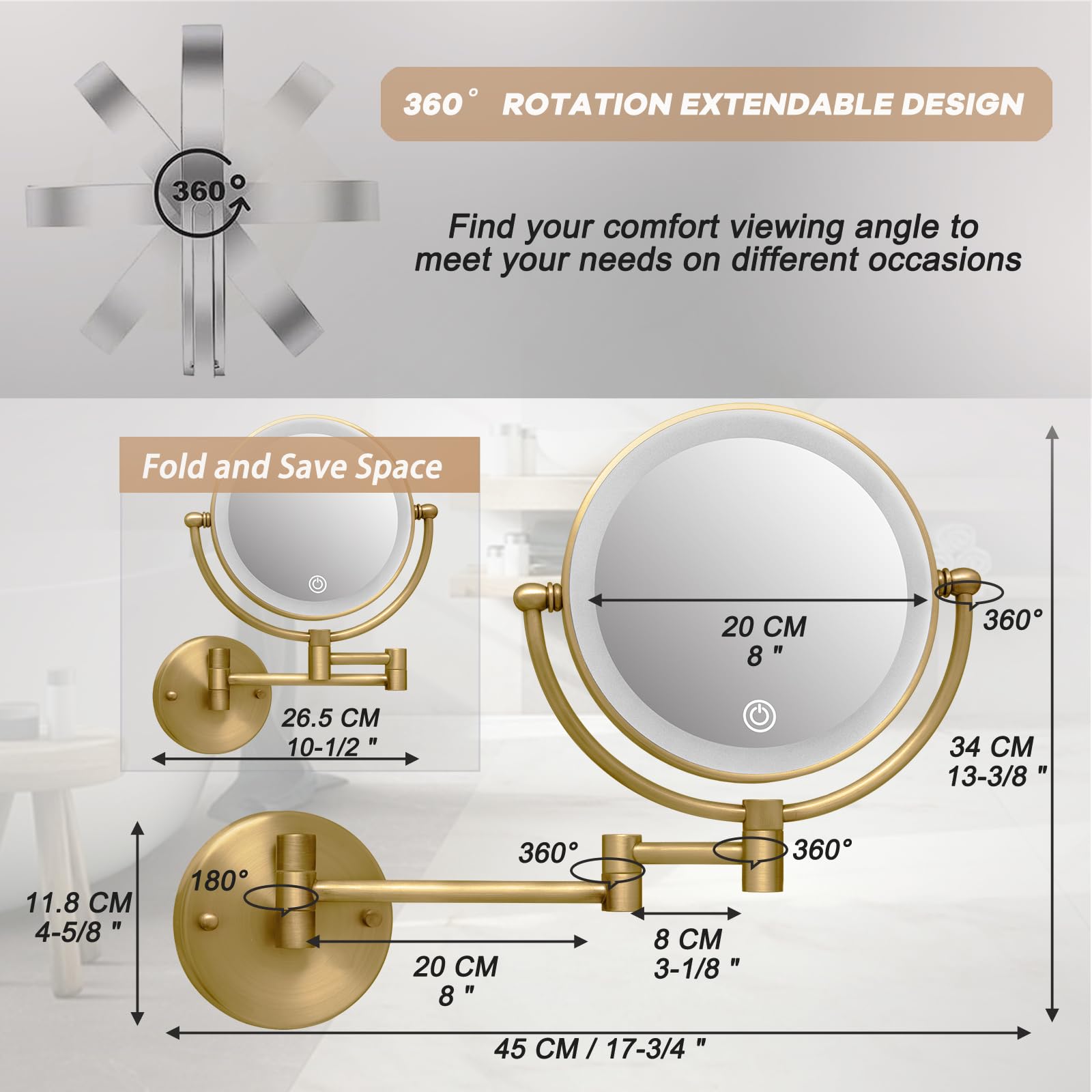 Miroir de maquillage à montage mural éclairé grossissant x10 câblé, double face avec éclairage 3 couleurs, fonction de gradation tactile, bras pivotant à 360° et bras extensible pour rasage