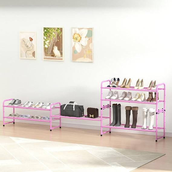 SUFAUY 2 Tier 33 Wide Shoe Rack, Closet Metal Wire, Stackable, Pink