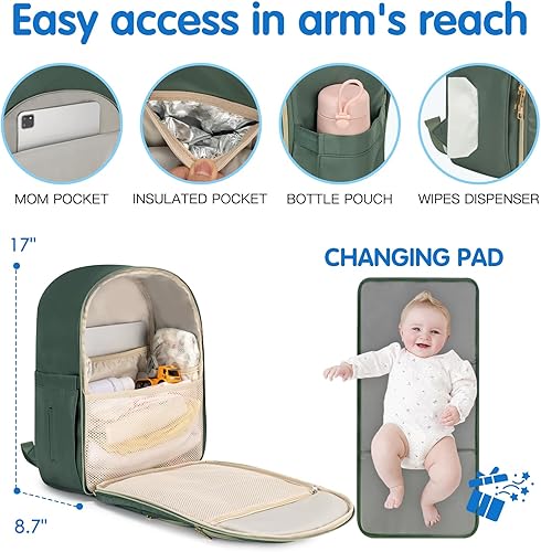 Miniatura 5 de KABAQOO Mochila para pañales de bebé, mochila impermeable para pañales para mamá y papá con cambiador, bolsillos aislados y correas para cochecito,