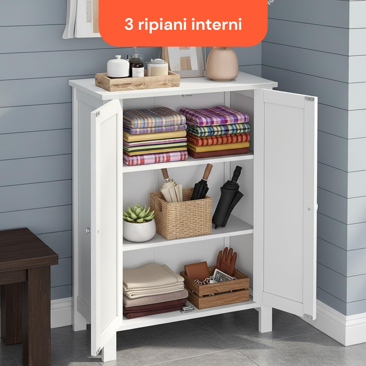 Avilia - Mobiletto Bagno Salvaspazio in MDF con 3 Ripiani Regolabili e 2 Ante con Chiusura Magnetica, Armadietto Multiuso Compatto per Organizzare Casa, Ideale per Bagno Cucina o Ingresso