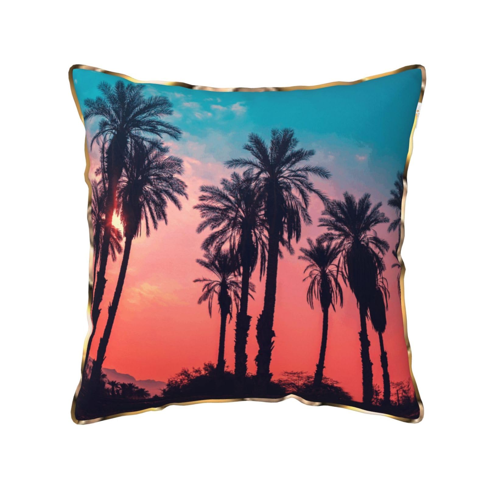AUBKFELD Palm Tree Sunset Printed Velvet Cushion Cover 40x40 CM with Gold Edging Strip, Square Pillowcase Soft Throw Pillow Covers Case Decorative for Living Room Sofa Couch Bed Bench