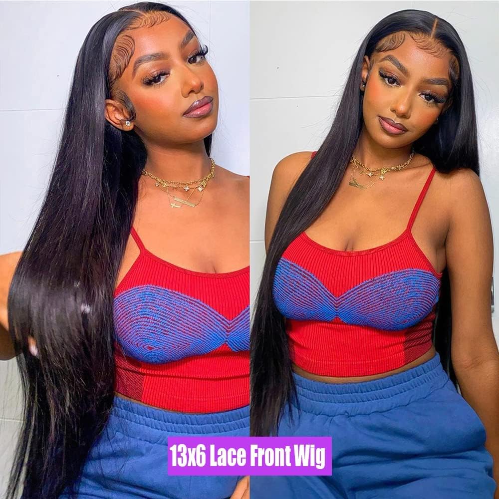 13x6 Straight Lace Front Wigs - Human Hair HD Transparent Lace Frontal Wigs for Black Woman - Brazilian Glueless Wigs - Pre Plucked Natural Color 36 Inch