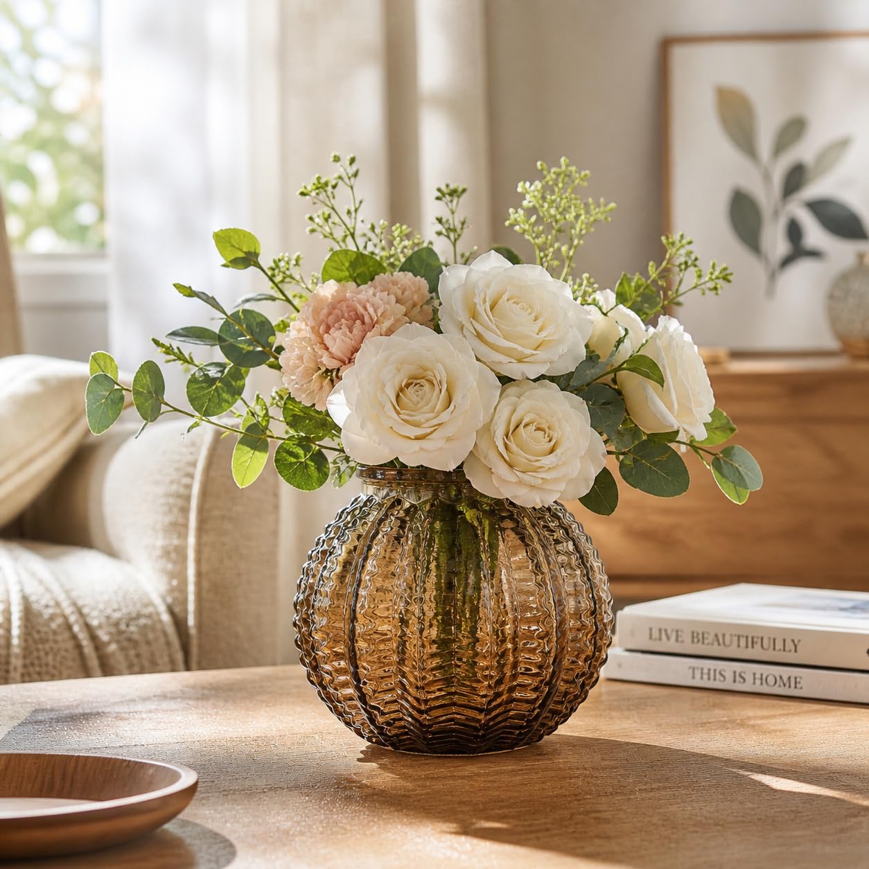 Whizzo Vintage Ribbed Glass Flower Vase for Home Décor | Elegant Amber Brown Decorative Vase for Fresh & Artificial Flowers | Luxury Table Centerpiece for Living Room & Office (GL-FV-2004)-image-9