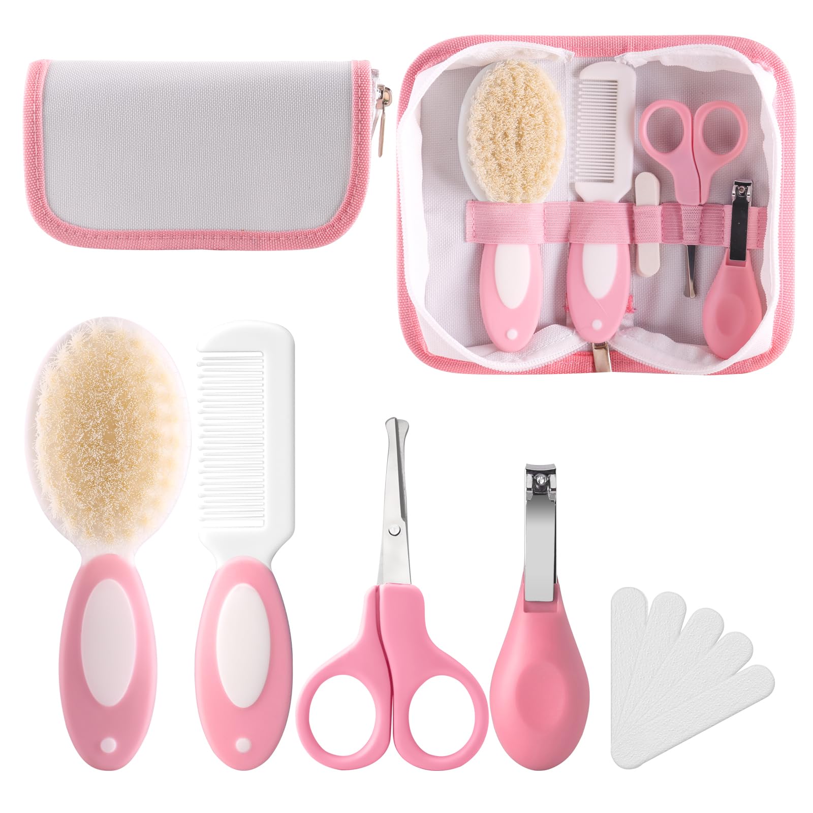 Kit de cuidado para bebés con estuche, cepillo de cerdas suaves (5 piezas), peine redondeado, tijeras de seguridad, cortaúñas y lima de uñas. Kit de cuidado para recién nacidos y niños pequeños. Rosa.
