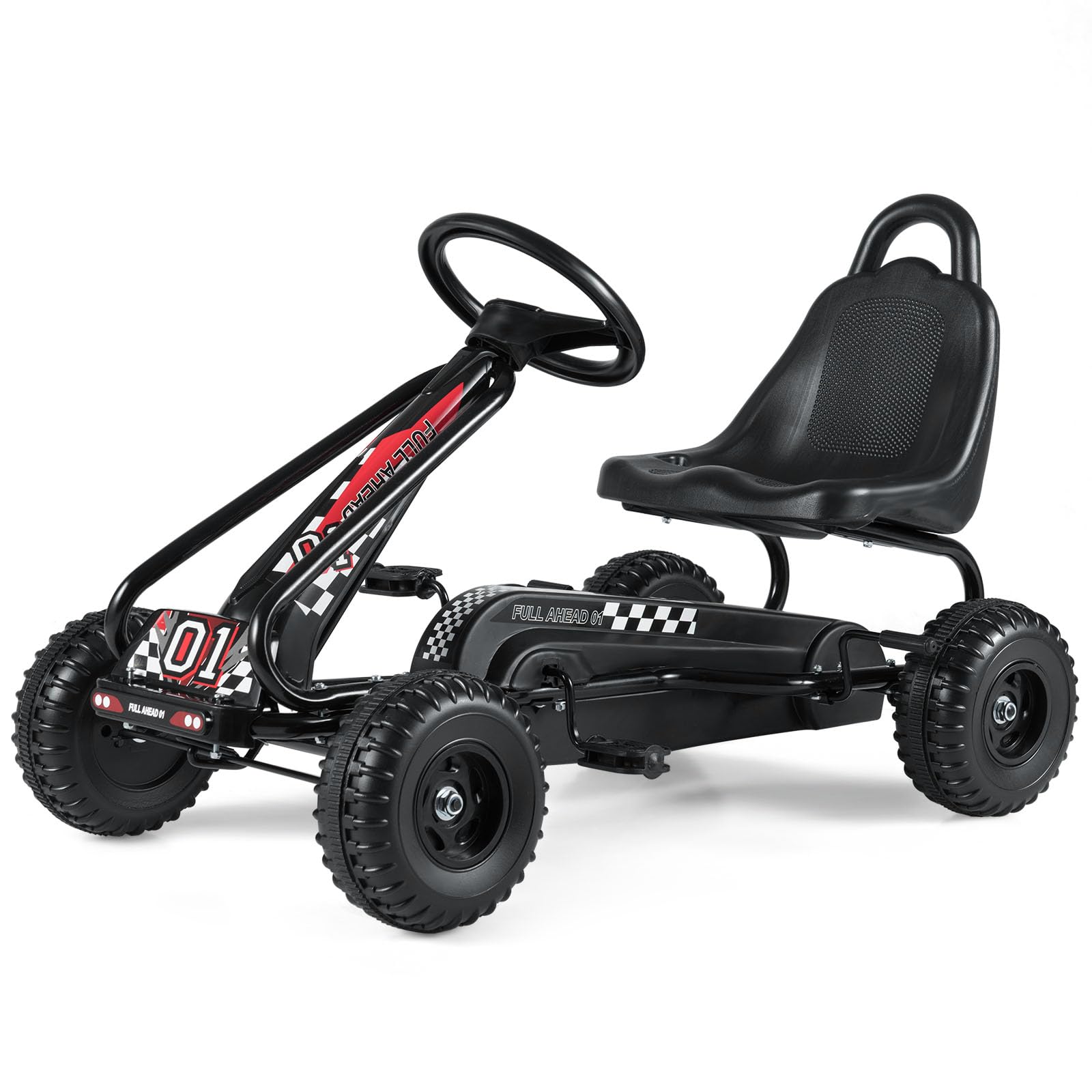 COSTWAY Gokart mit verstellbarem Sitz, Go Kart mit Handbremse, Tretauto bis 30 kg belastbar, Pedal Go Cart, Tretfahrzeug, Pedalfahrzeug, Kinderfahrzeug für Kinder ab 3 Jahren (Schwarz)